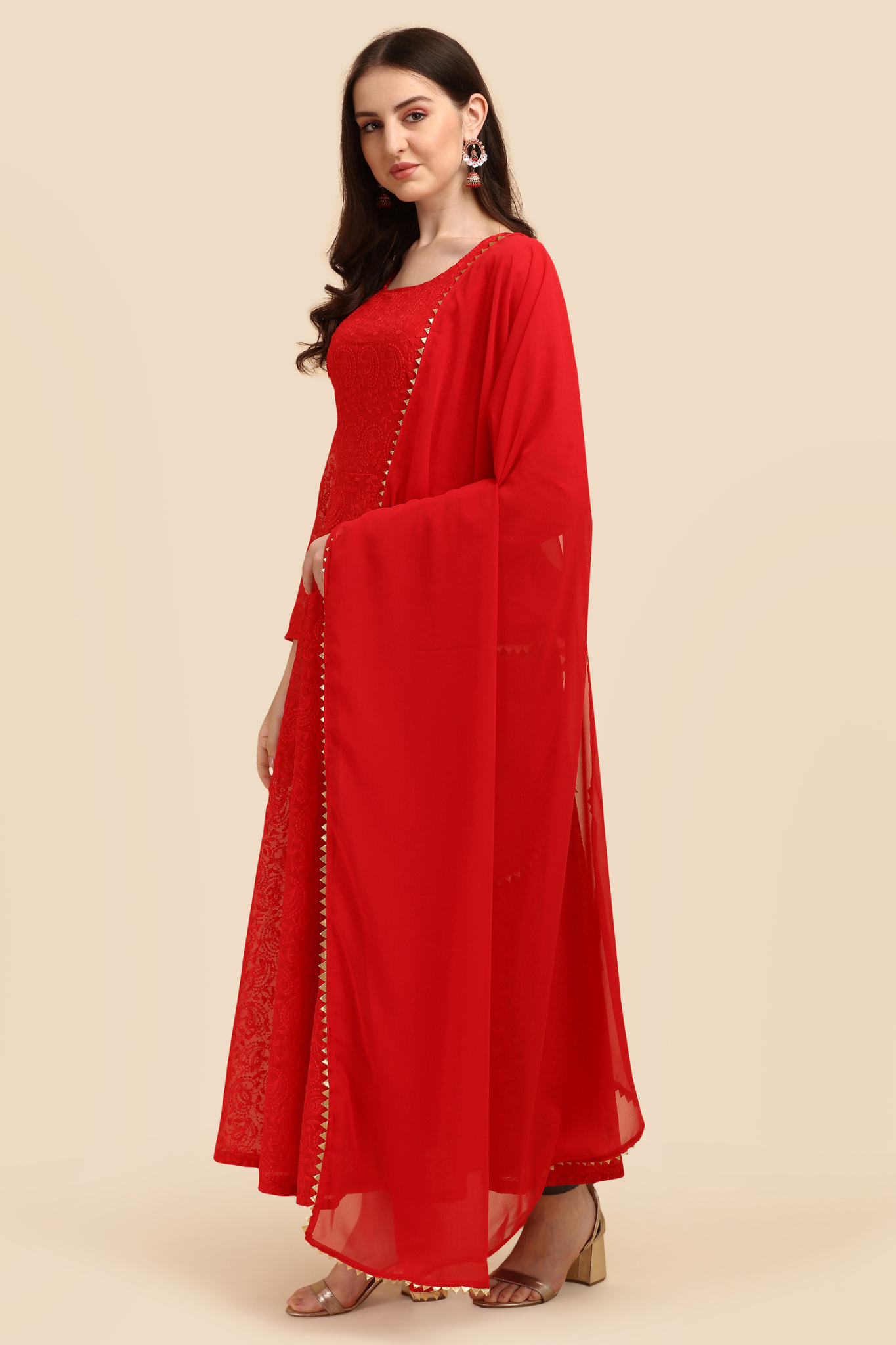 Exclusive Pure Red Colored Chikankari Worked Georgette Gown with Dupatta Set