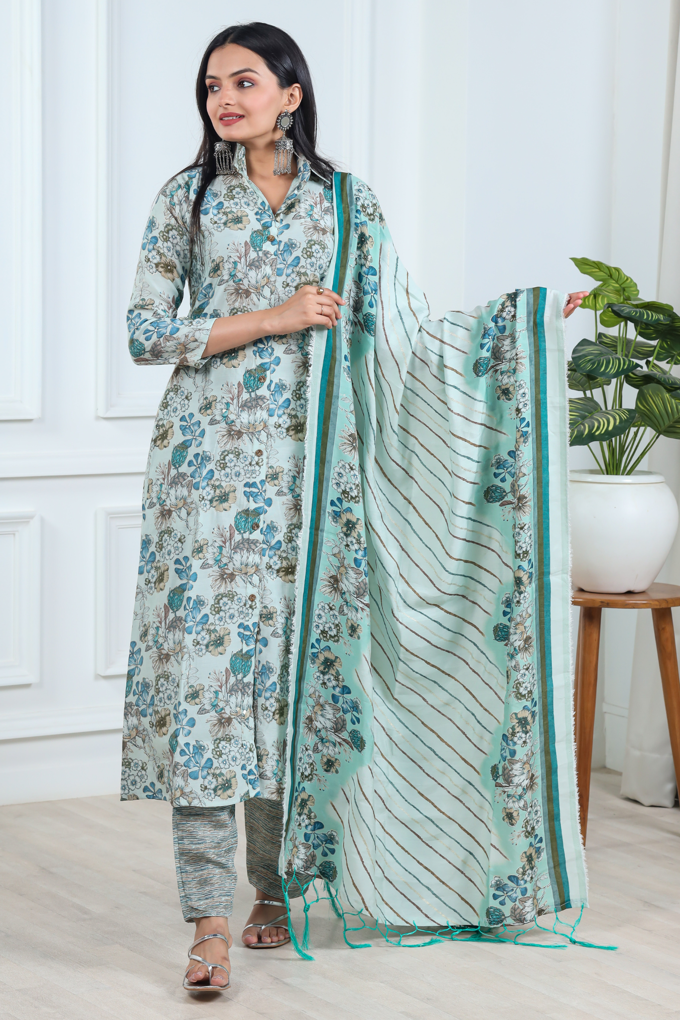 Floral Printed Chanderi Cotton Kurta With Pant & Dupatta