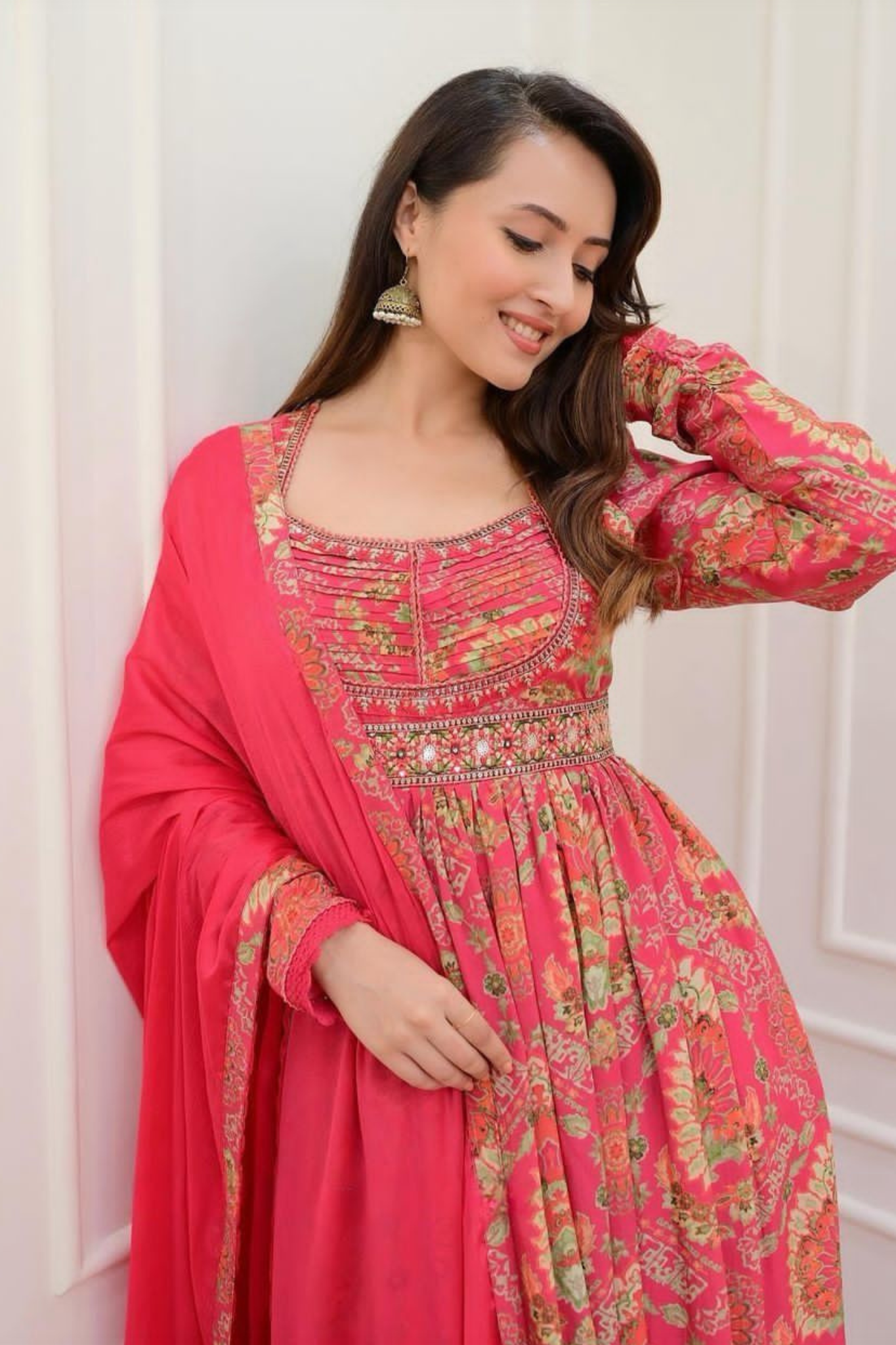 Multicolored Embroidered Anarkali Printed Kurta with Pant & Dupatta Suit