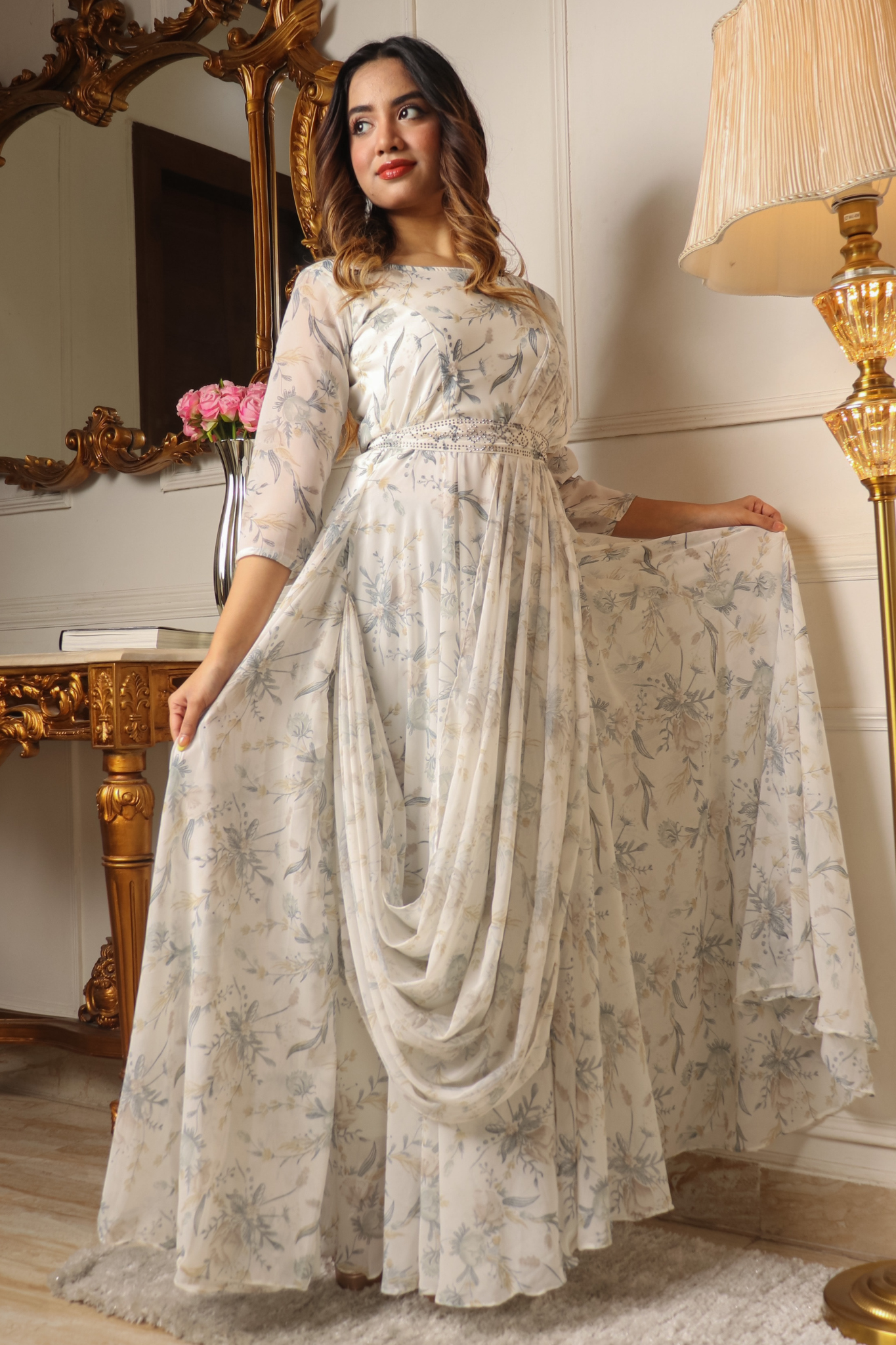 Glorious White Colored Floral Printed Anrkali Long Gown with Attached Dupatta & Belt