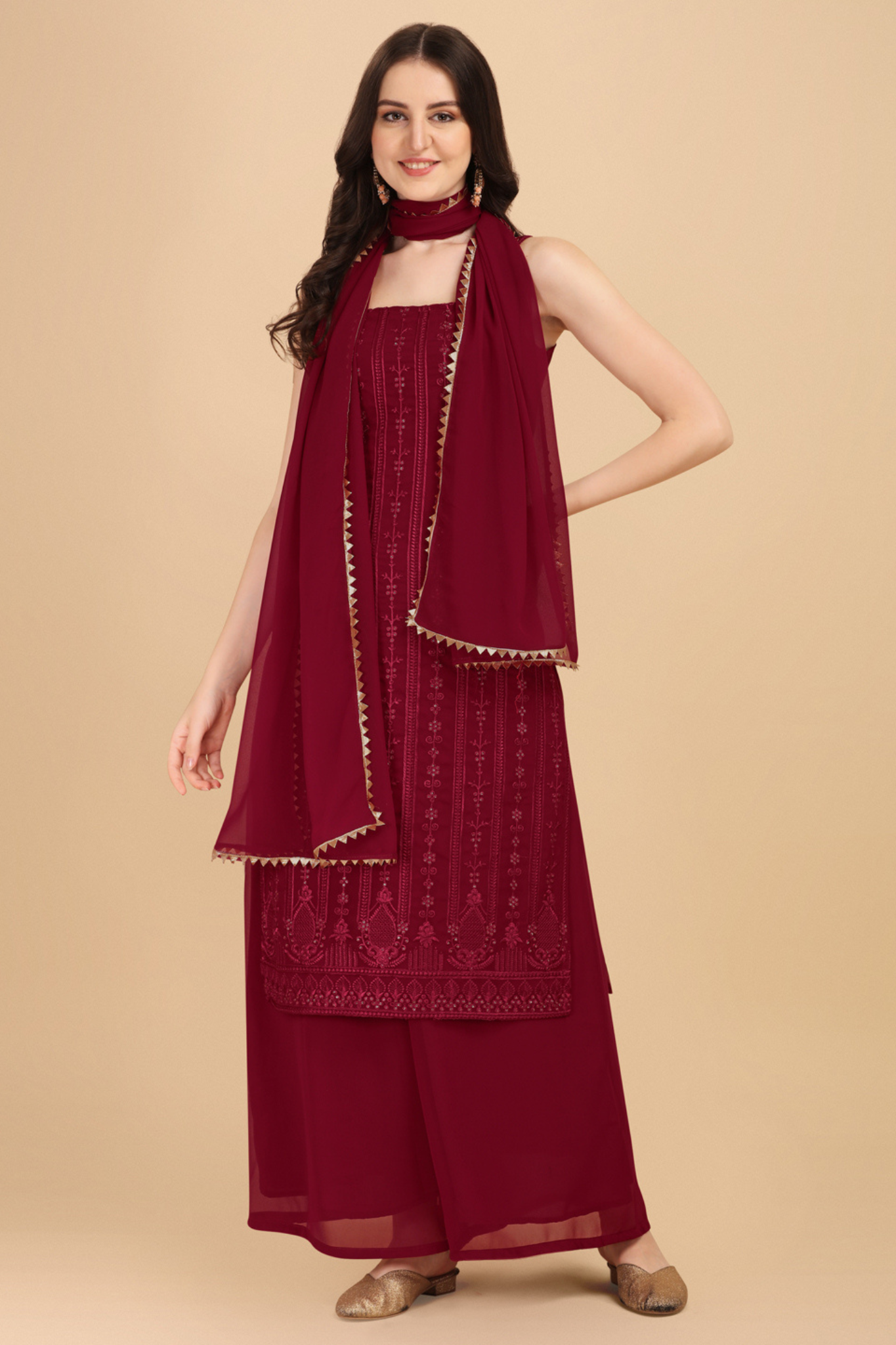 Demanding Maroon Colored Partywear Embroidered Sequence Worked Kurta and Palazzo with Dupatta Set