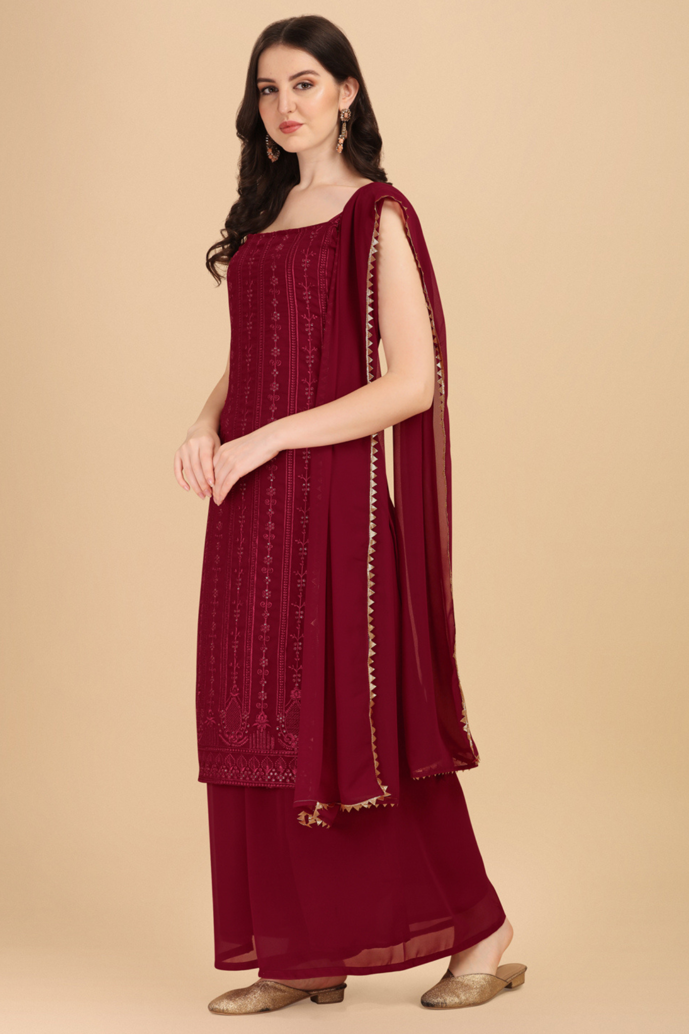 Demanding Maroon Colored Partywear Embroidered Sequence Worked Kurta and Palazzo with Dupatta Set