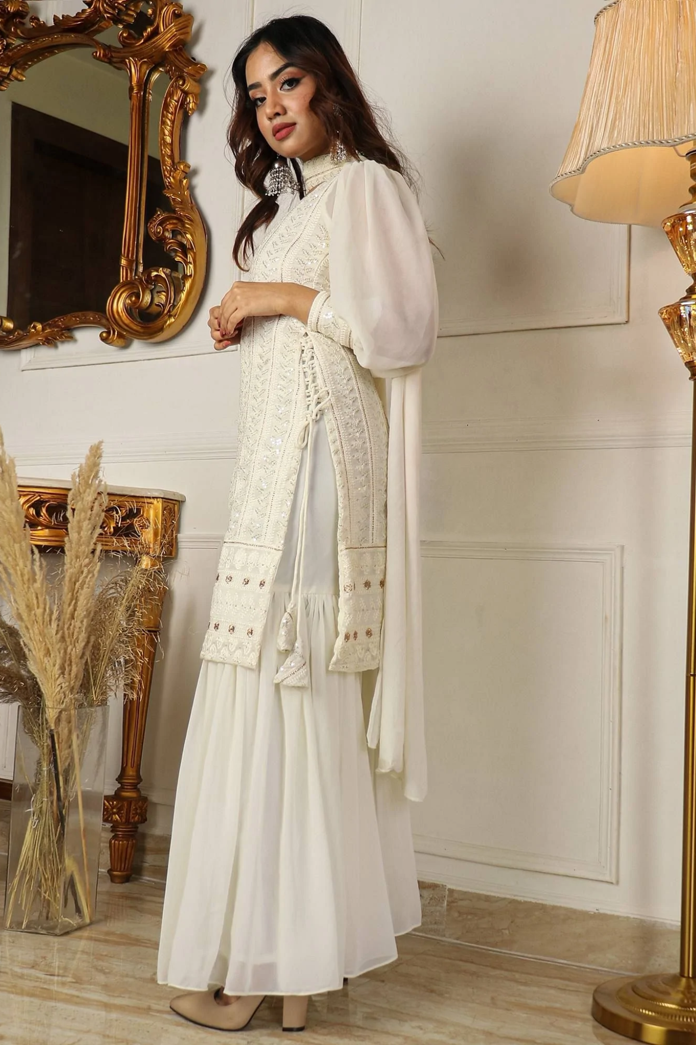 Off White Colored Function Wear Embroidered Sequined Worked Sharara Suit