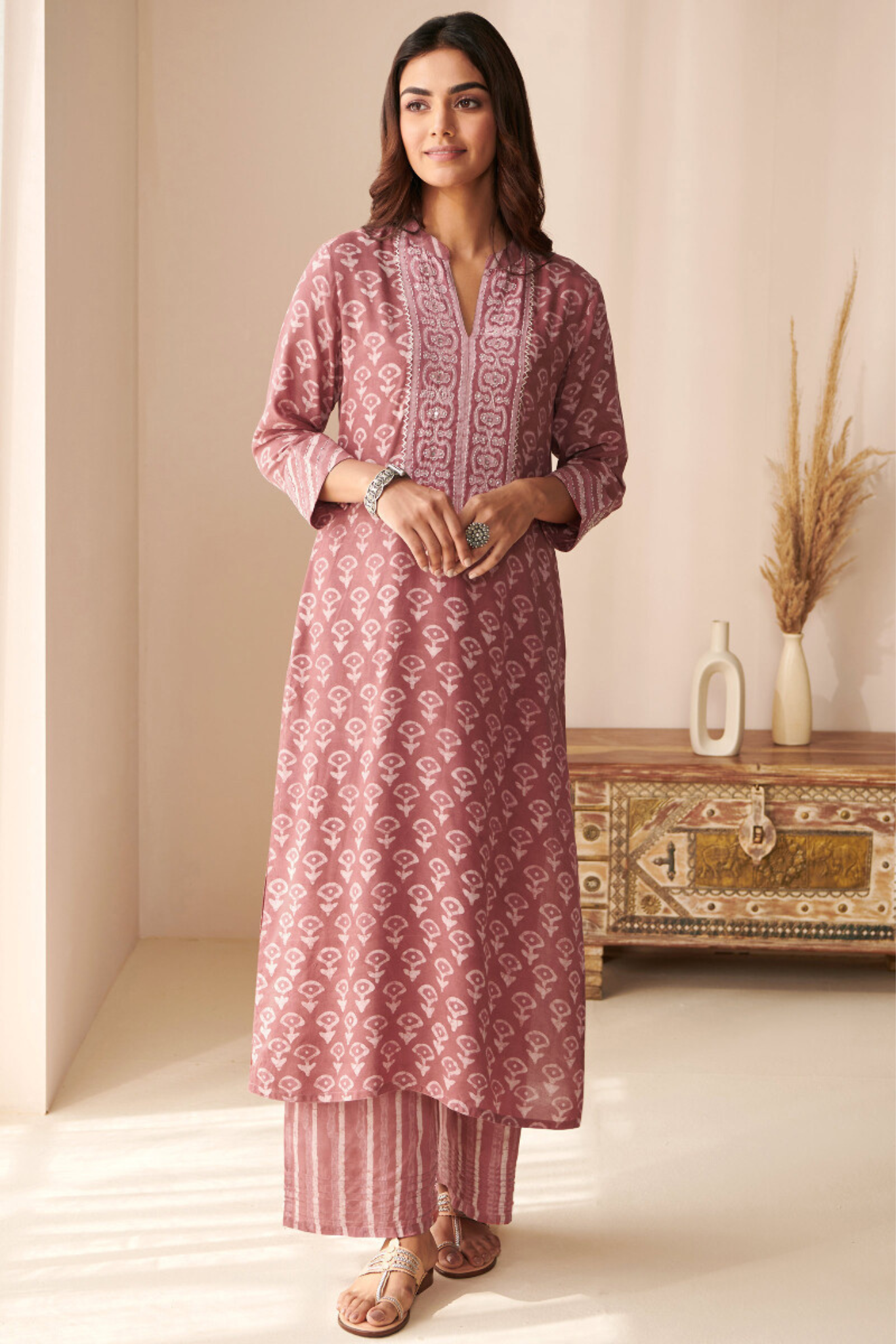 Designer Wear Block Printed Handwork Pure Cotton Kurta with Palazzo & Dupatta Set