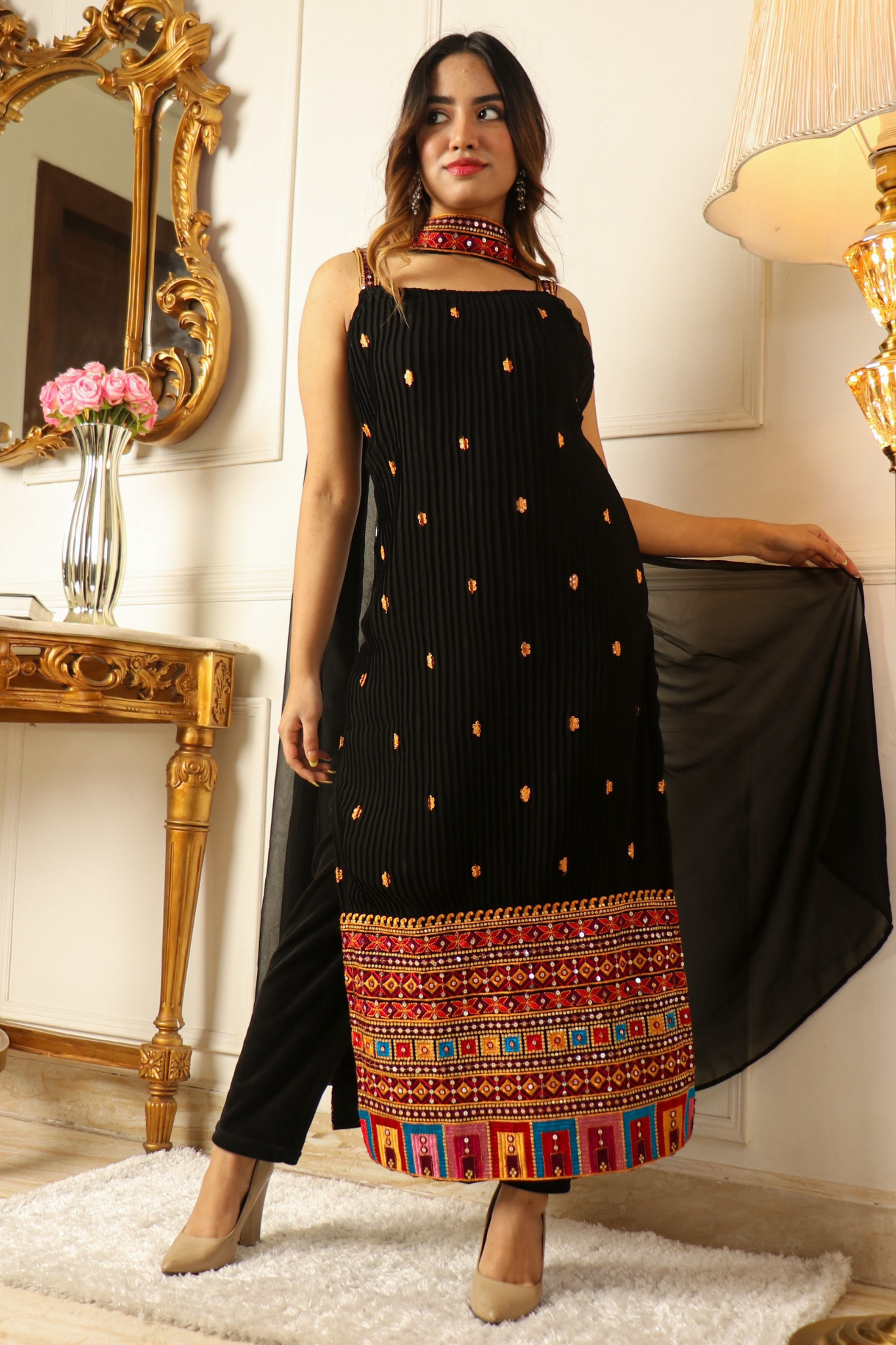 Black Colored Embroidered Motif Work Sleeveless Kurta with Pant & Dupatta Set