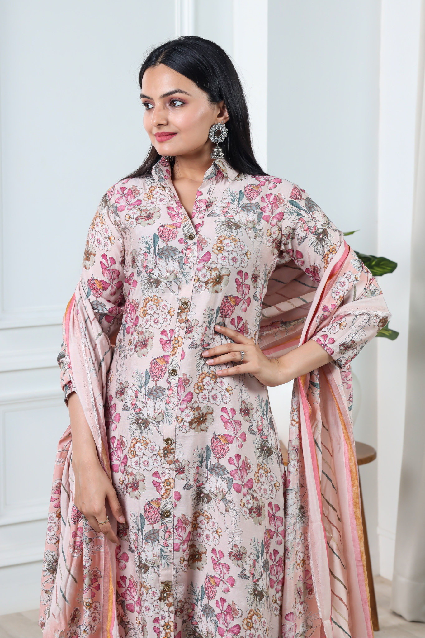 Floral Printed Chanderi Cotton Kurta With Pant & Dupatta