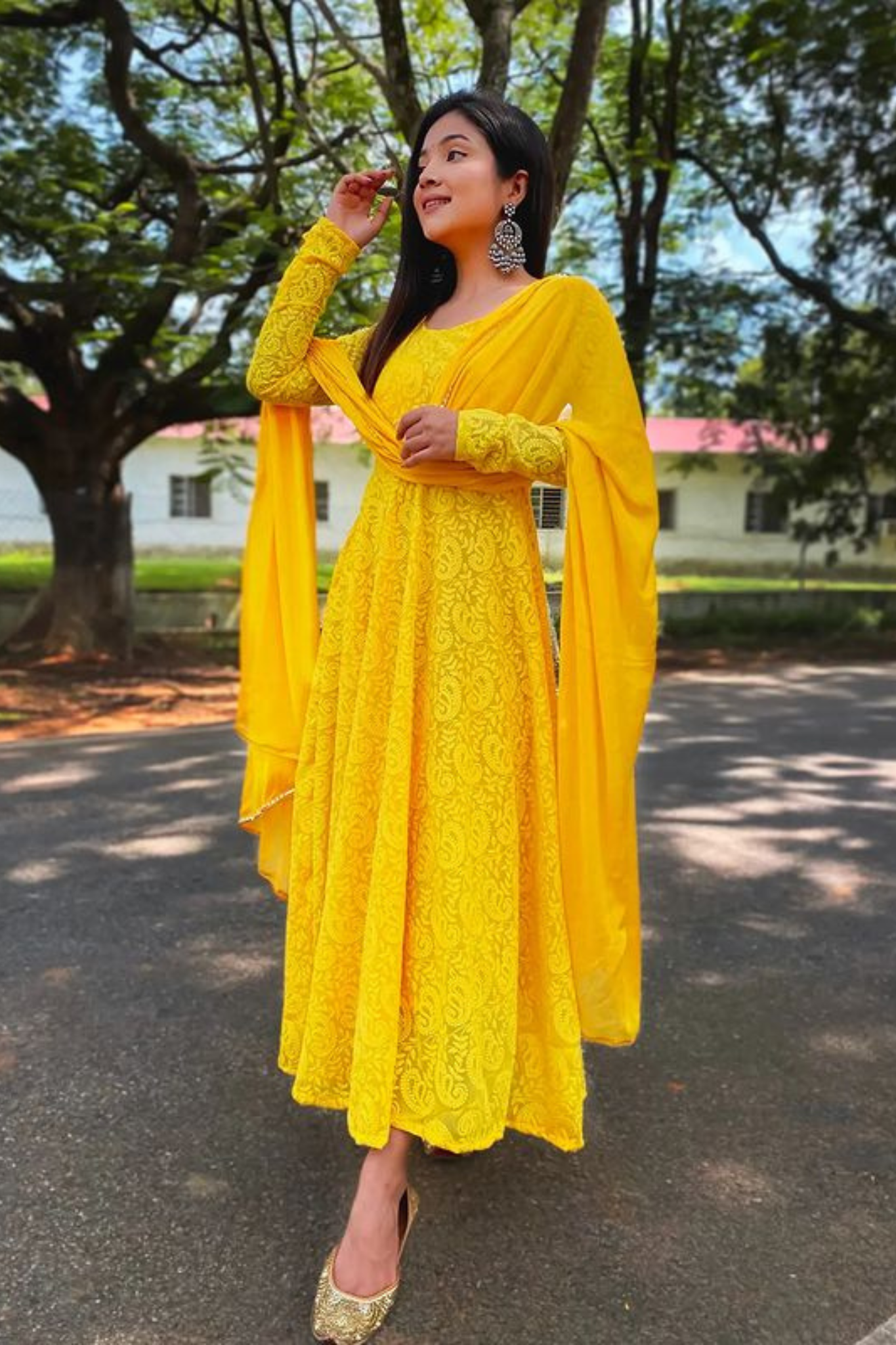 Exclusive Pure Yellow Colored Chikankari Worked Georgette Gown with Dupatta Set