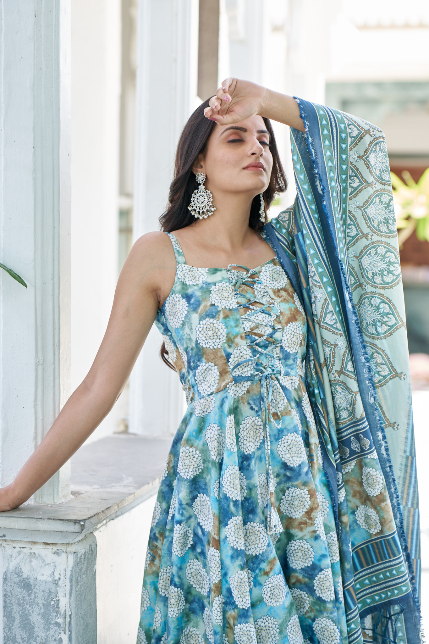 Floral Printed Chanderi Cotton Anarkali Kurta With Churidar & Dupatta