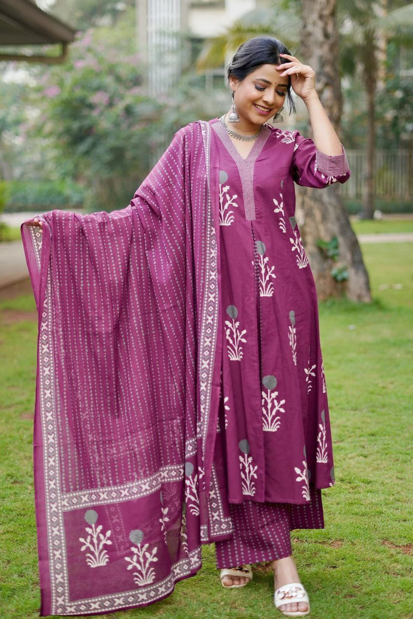 Block Printed Pure Cotton A-Line Kurta and Trouser with Palazzo Set