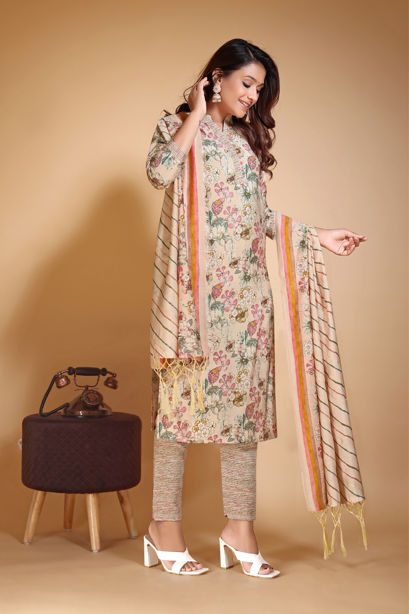 Floral Printed Chanderi Cotton Kurta With Pant & Dupatta