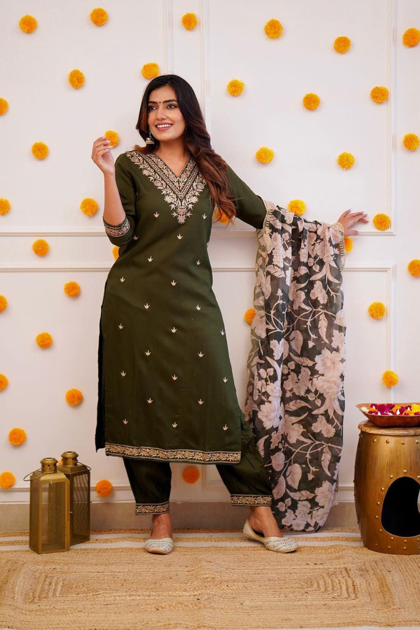 Intricate Mehandi Green Colored Embroidered Worked Kurta with Trouser and Organza Dupatta