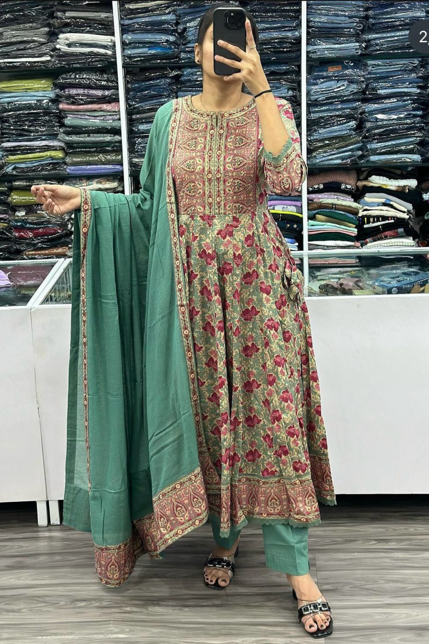 Exclusive Floral Printed Pure Cotton Anarkali Kurta with Trouser & Dupatta Set