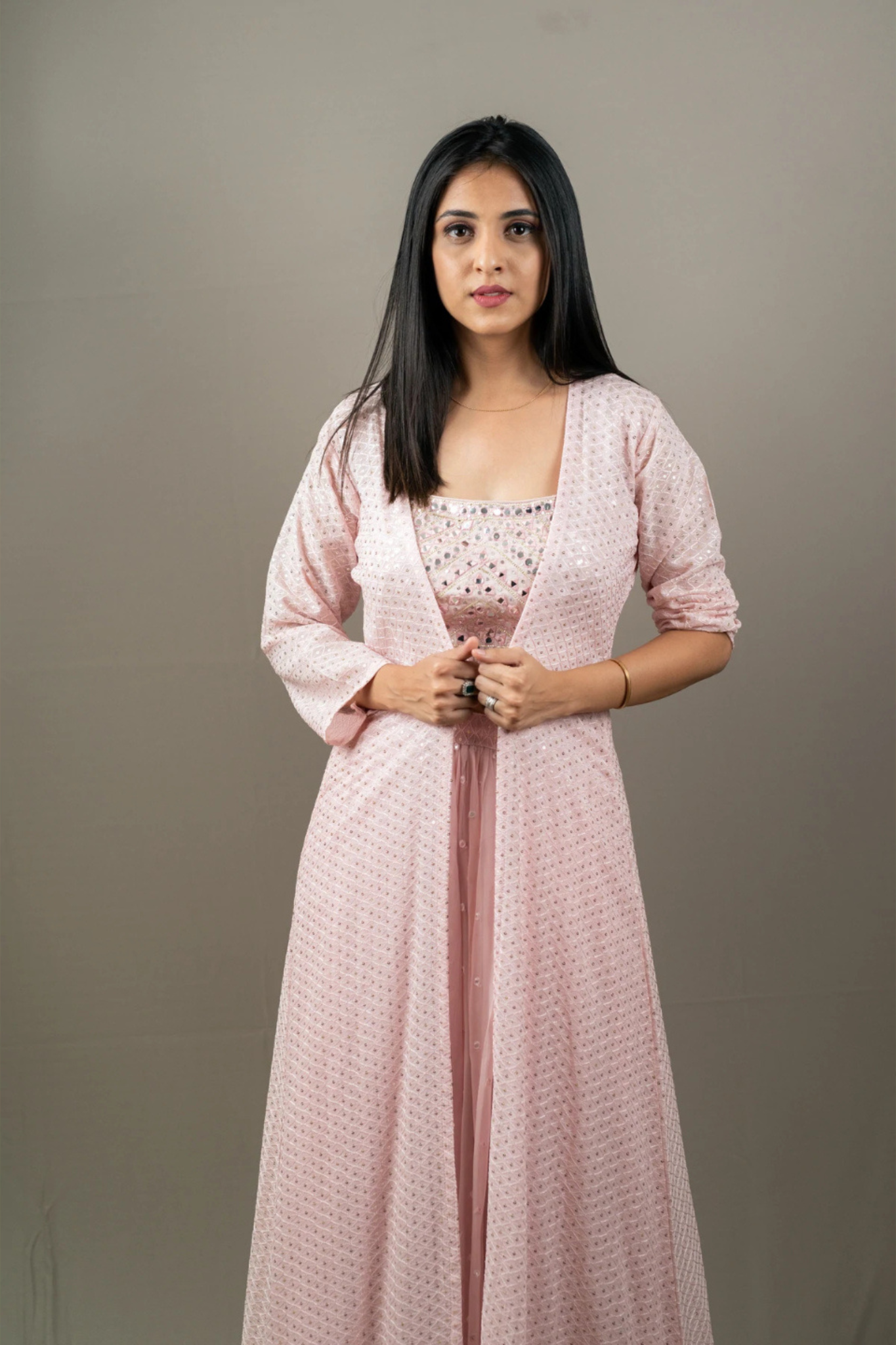 Exclusive Trendy Look Baby Pink Coloured Top and Bottom with Embroidered Worked Shrug