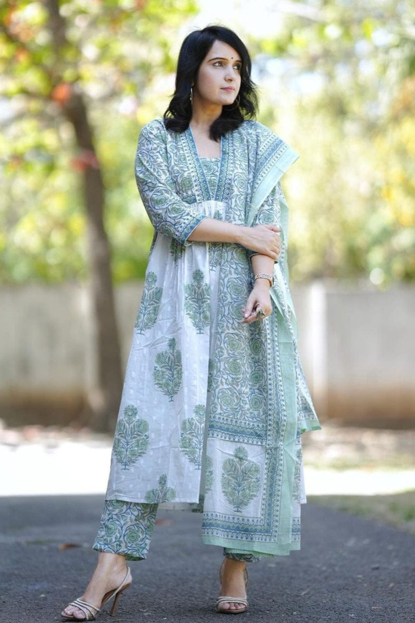 Attractive Block Printed Handwork Kurta with Pant & Dupatta Set