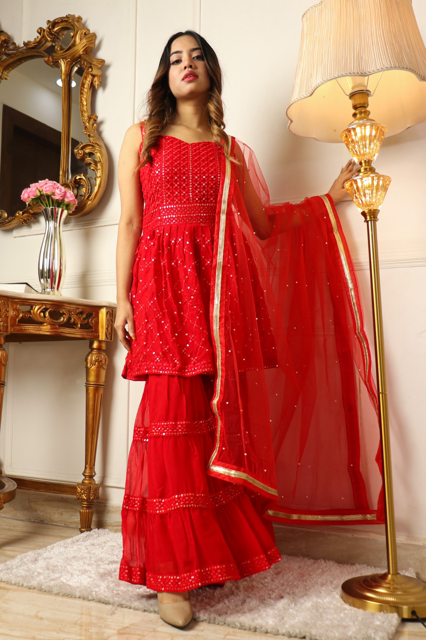 Red Embroidered Sequins Work Georgette Top with Sharara & Dupatta Suit