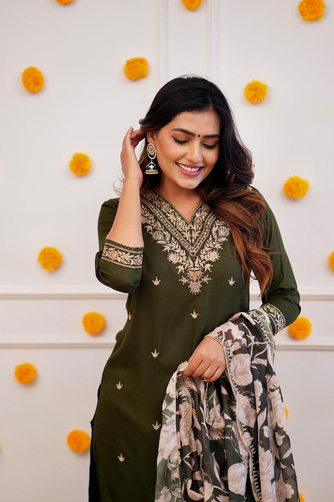 Intricate Mehandi Green Colored Embroidered Worked Kurta with Trouser and Organza Dupatta