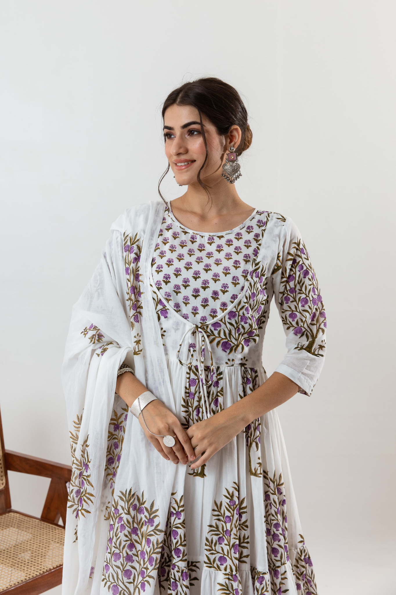 Graceful Block Printed Pure Cotton Anarkali Kurta with Palazzo & Dupatta Set