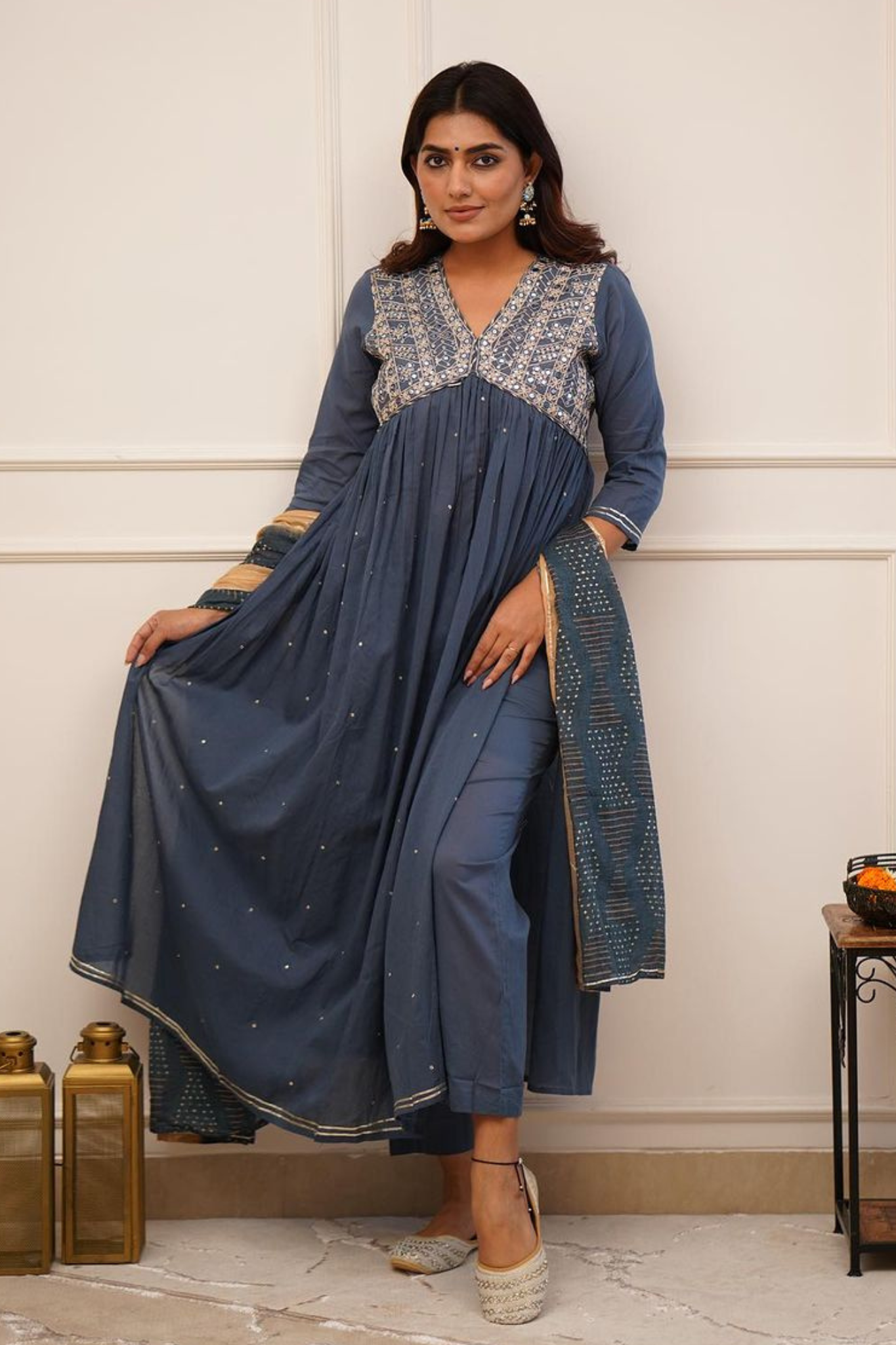 Radiant Blue Colored Embroidered Work Pure Cotton Alia Cut Kurta with Trouser & with Dupatta Set