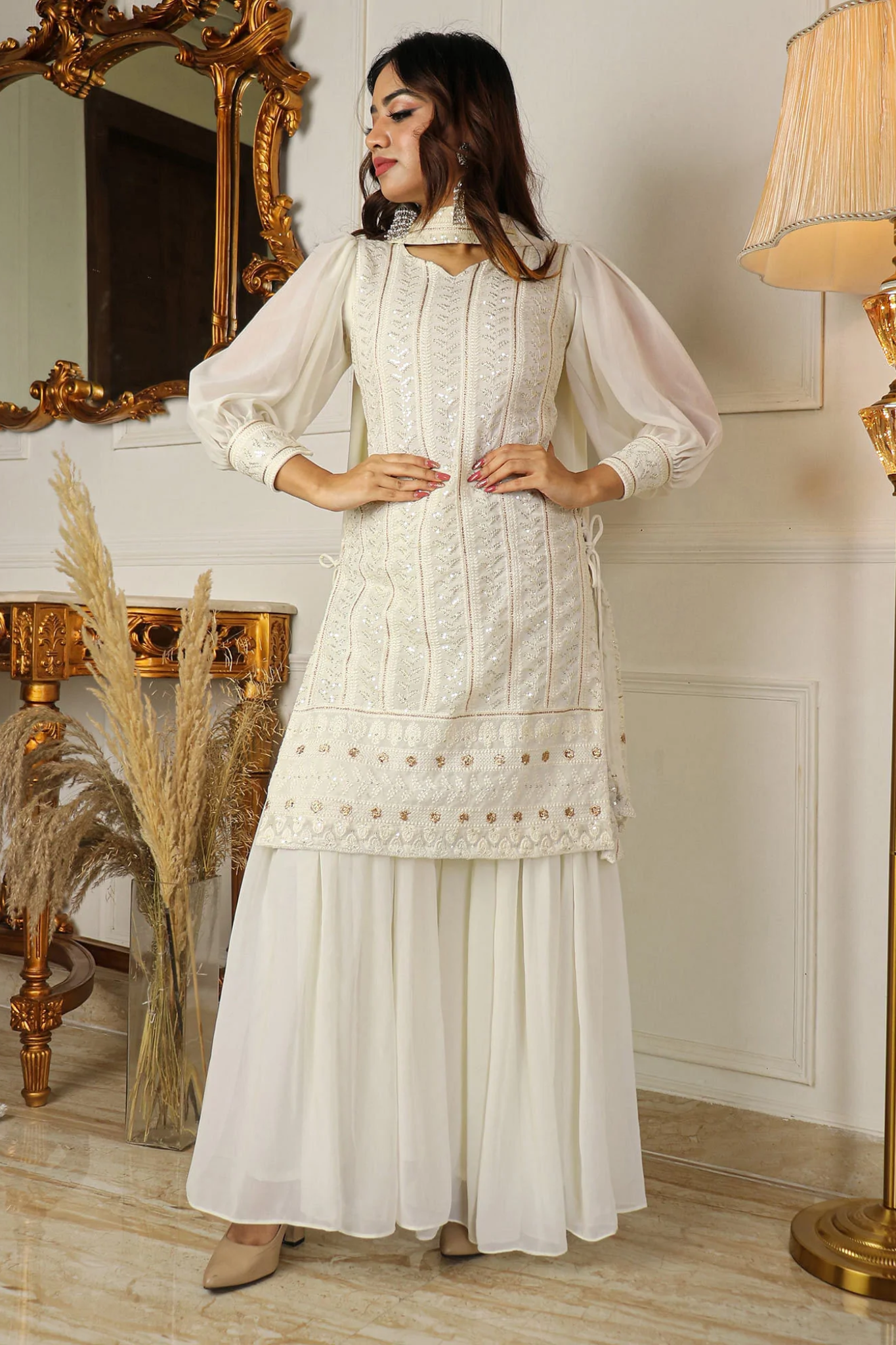 Off White Colored Function Wear Embroidered Sequined Worked Sharara Suit