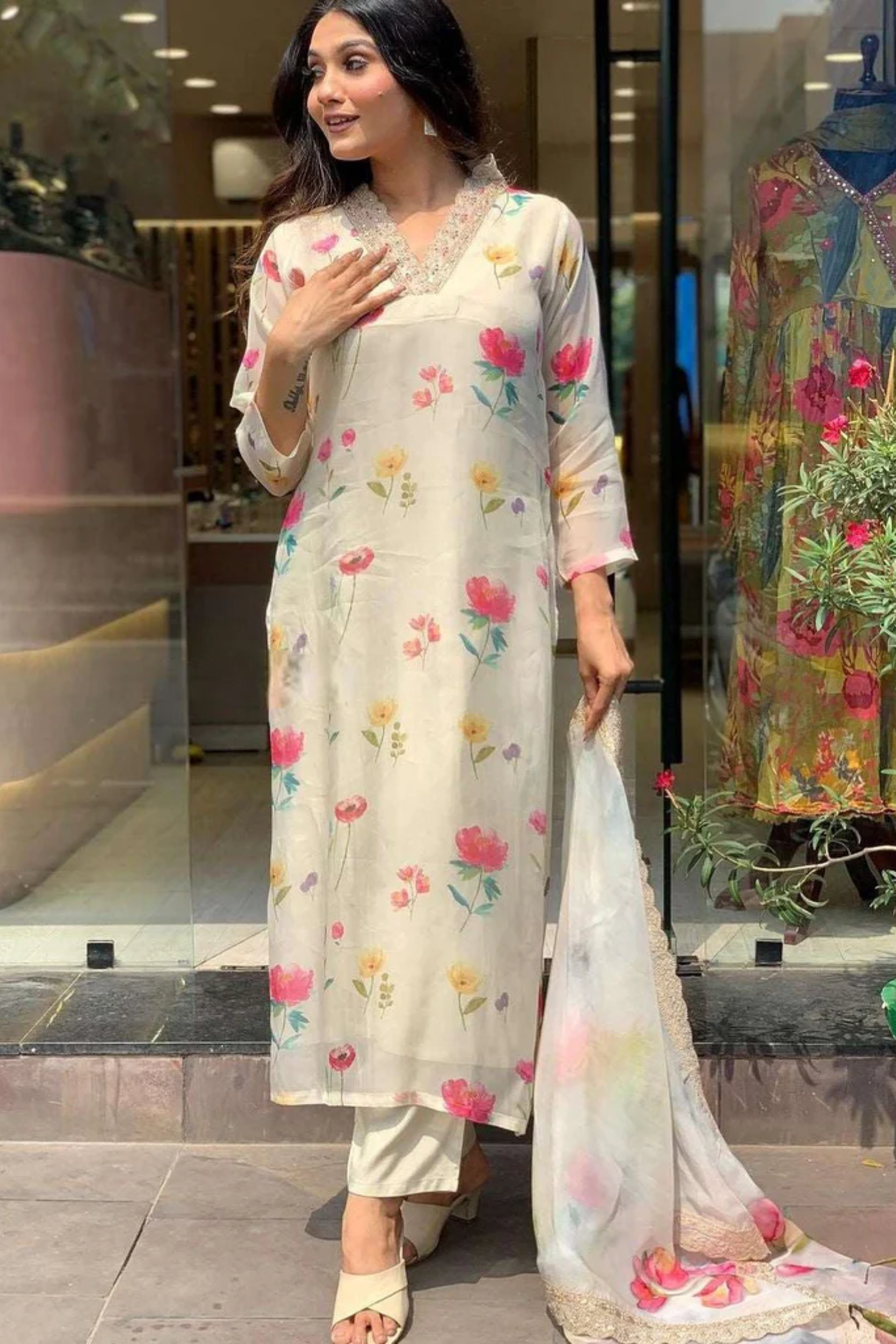 Floral Printed Embroidered Handwork Organza Kurta with Pant & Dupatta Suit