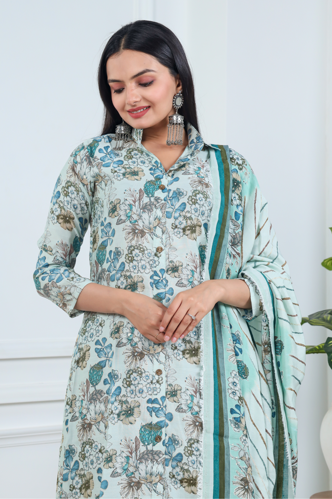 Floral Printed Chanderi Cotton Kurta With Pant & Dupatta