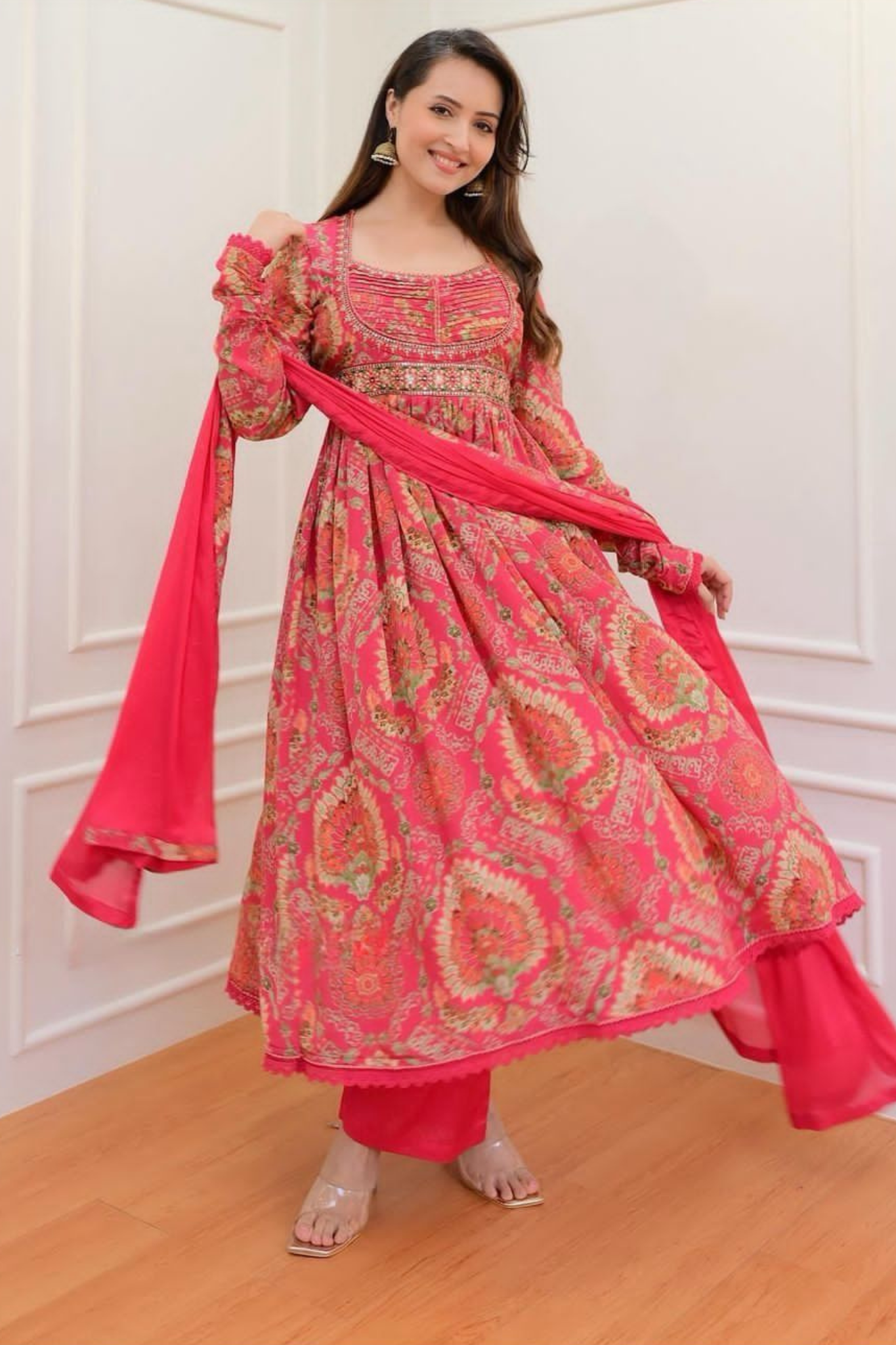 Multicolored Embroidered Anarkali Printed Kurta with Pant & Dupatta Suit