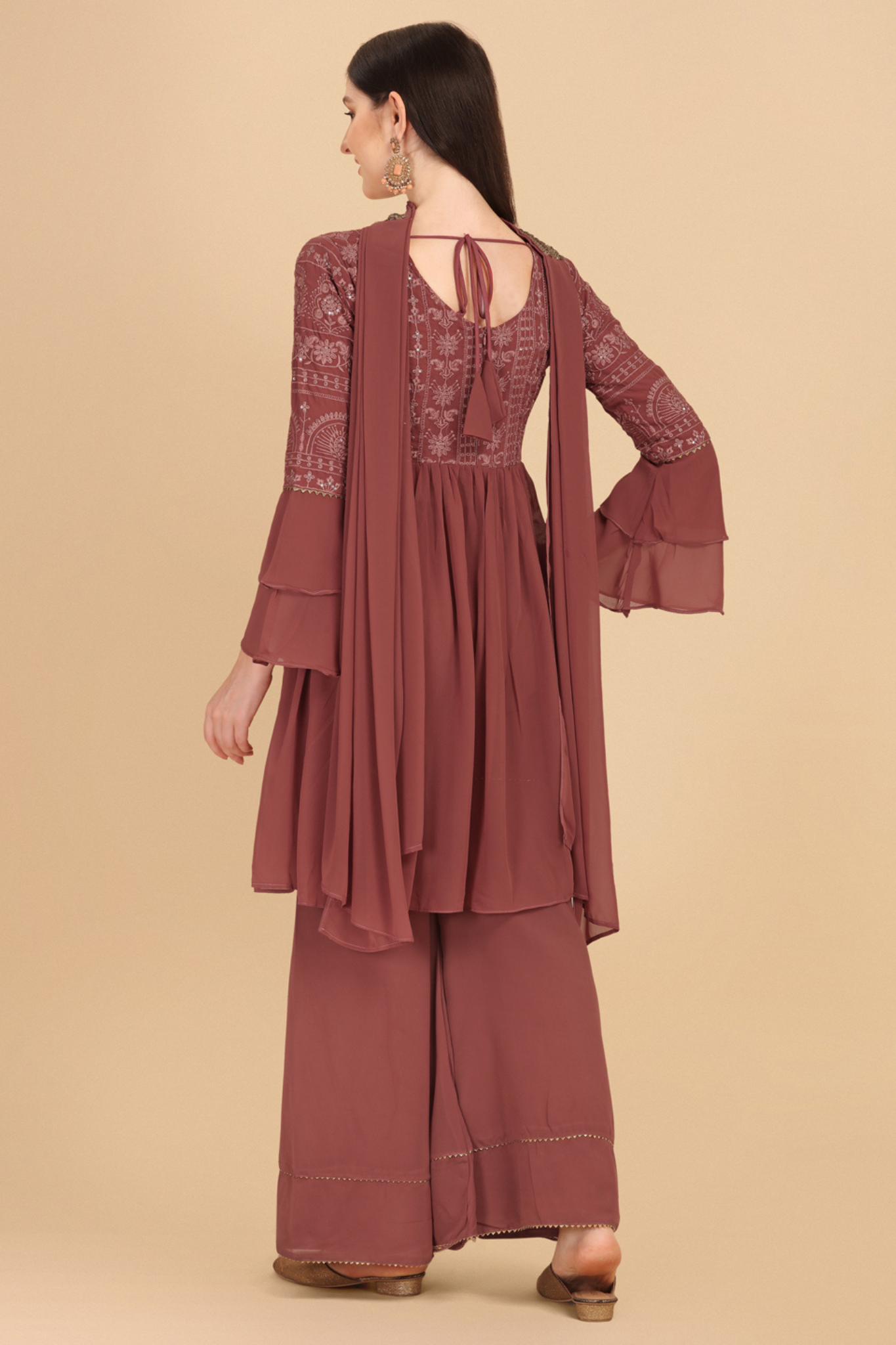 Chocolate  Colored Partywear Embroidered Worked Sharara Suit with Dupatta