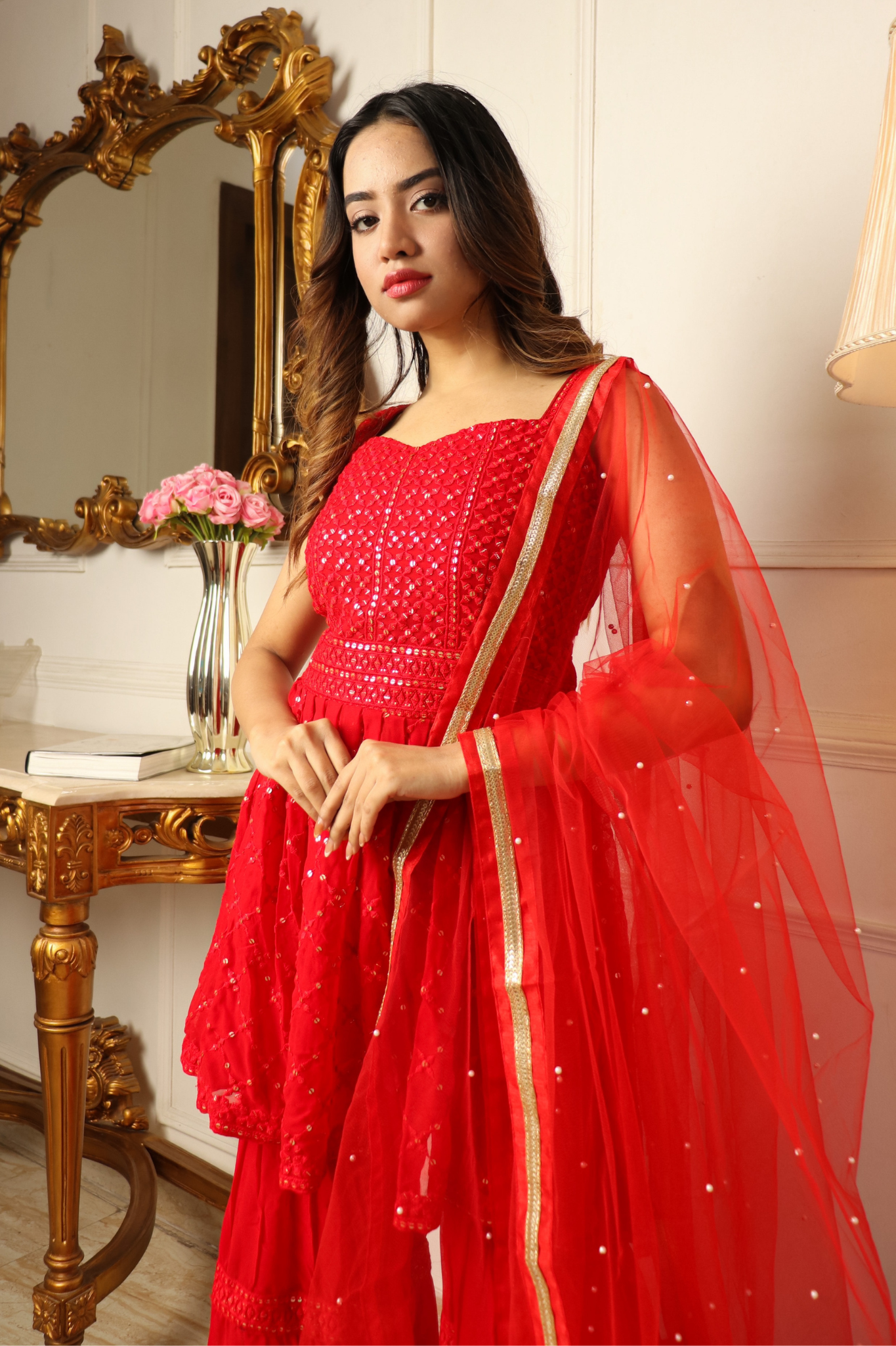 Red Embroidered Sequins Work Georgette Top with Sharara & Dupatta Suit