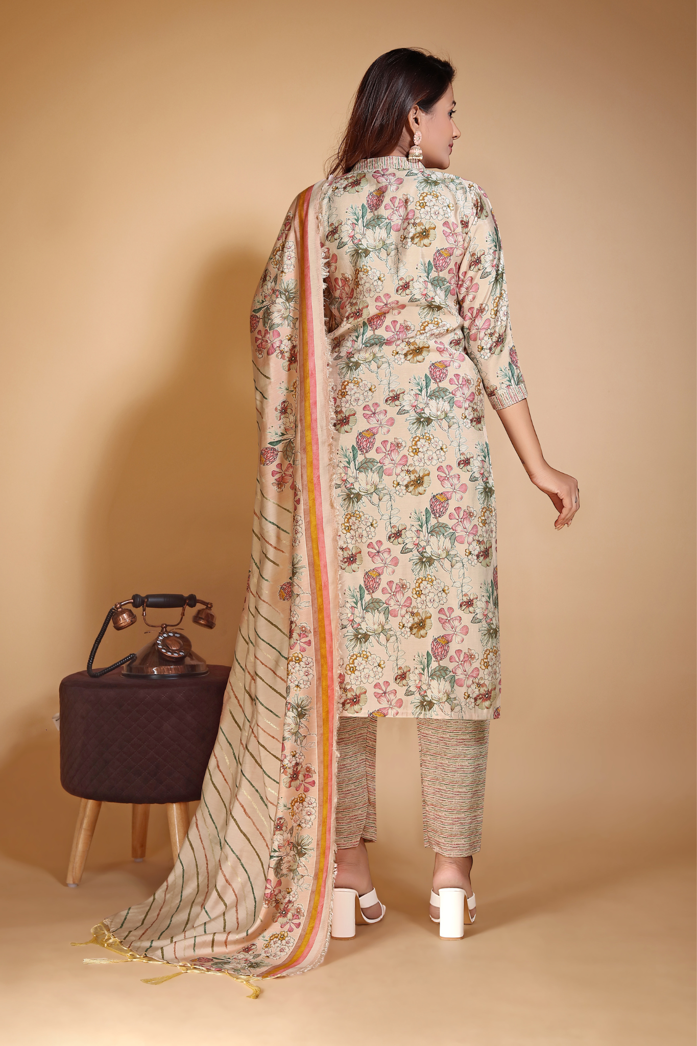 Floral Printed Chanderi Cotton Kurta With Pant & Dupatta