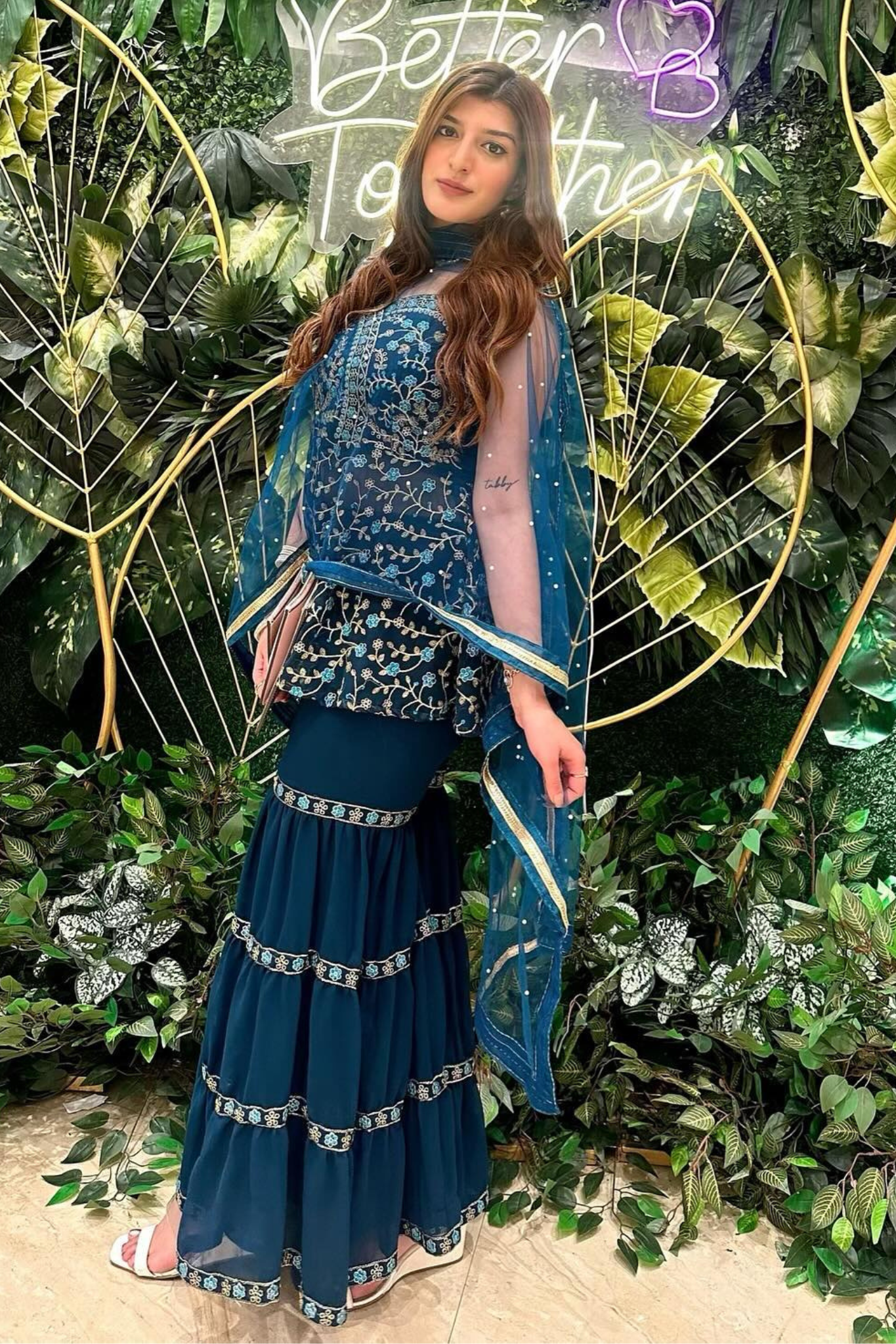 Exclusive Trendy Look Blue Colored Embroidered Worked Designer Top and Sharara Sets