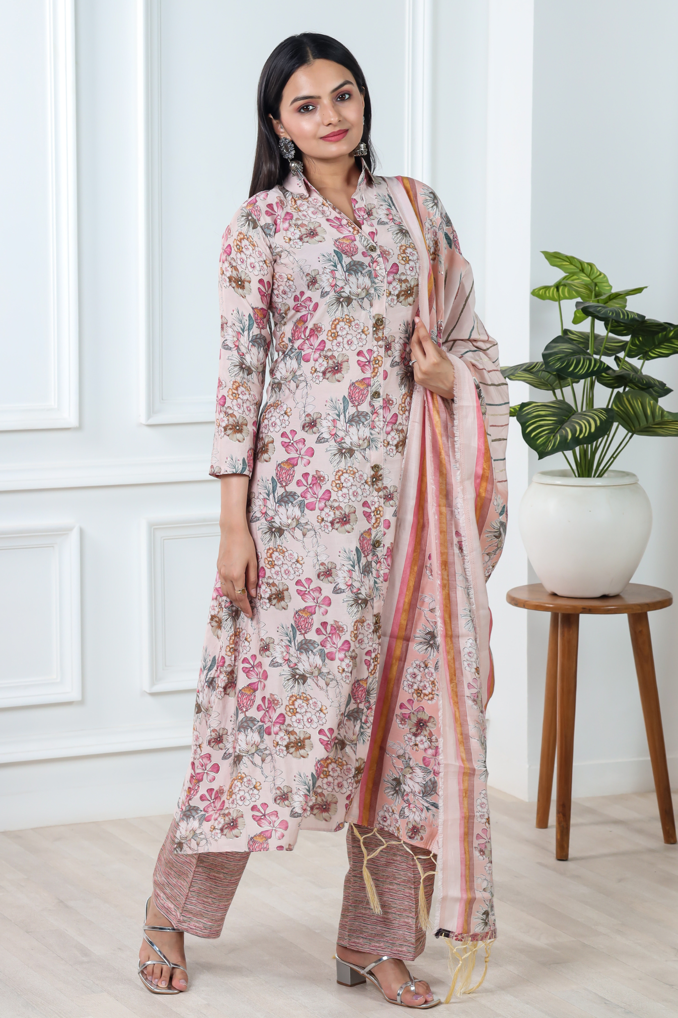 Floral Printed Chanderi Cotton Kurta With Pant & Dupatta