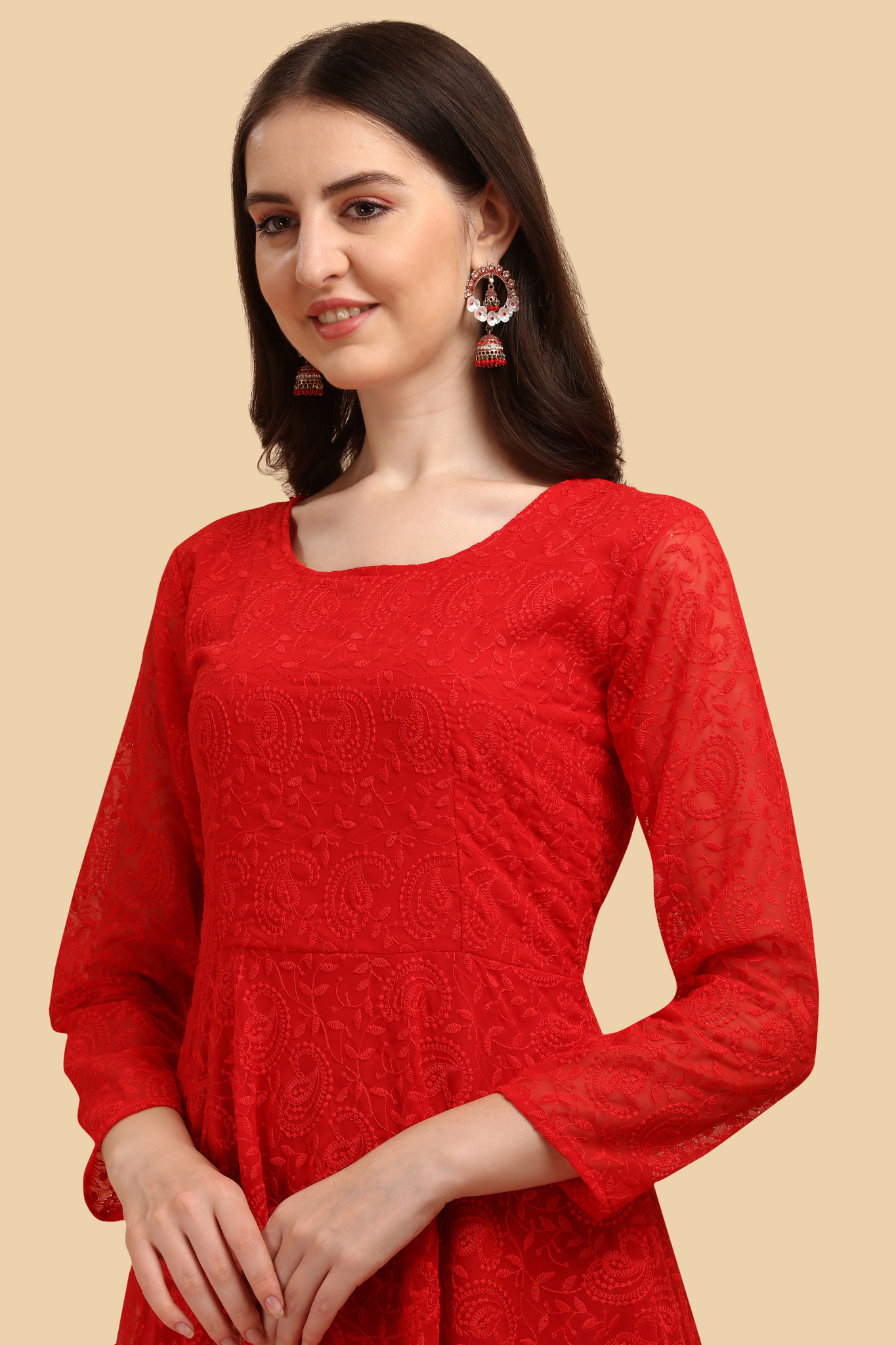 Exclusive Pure Red Colored Chikankari Worked Georgette Gown with Dupatta Set