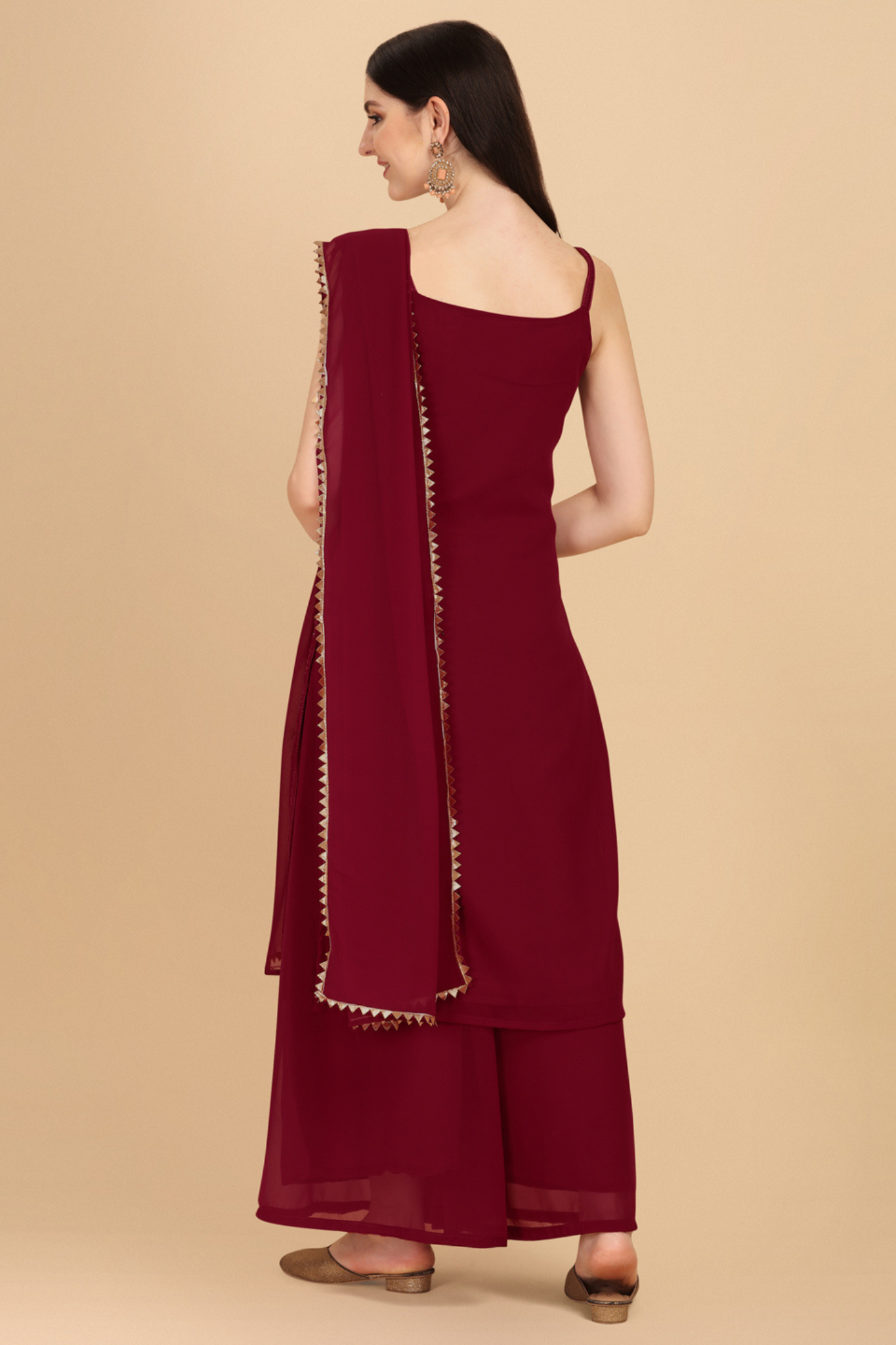 Demanding Maroon Colored Partywear Embroidered Sequence Worked Kurta and Palazzo with Dupatta Set