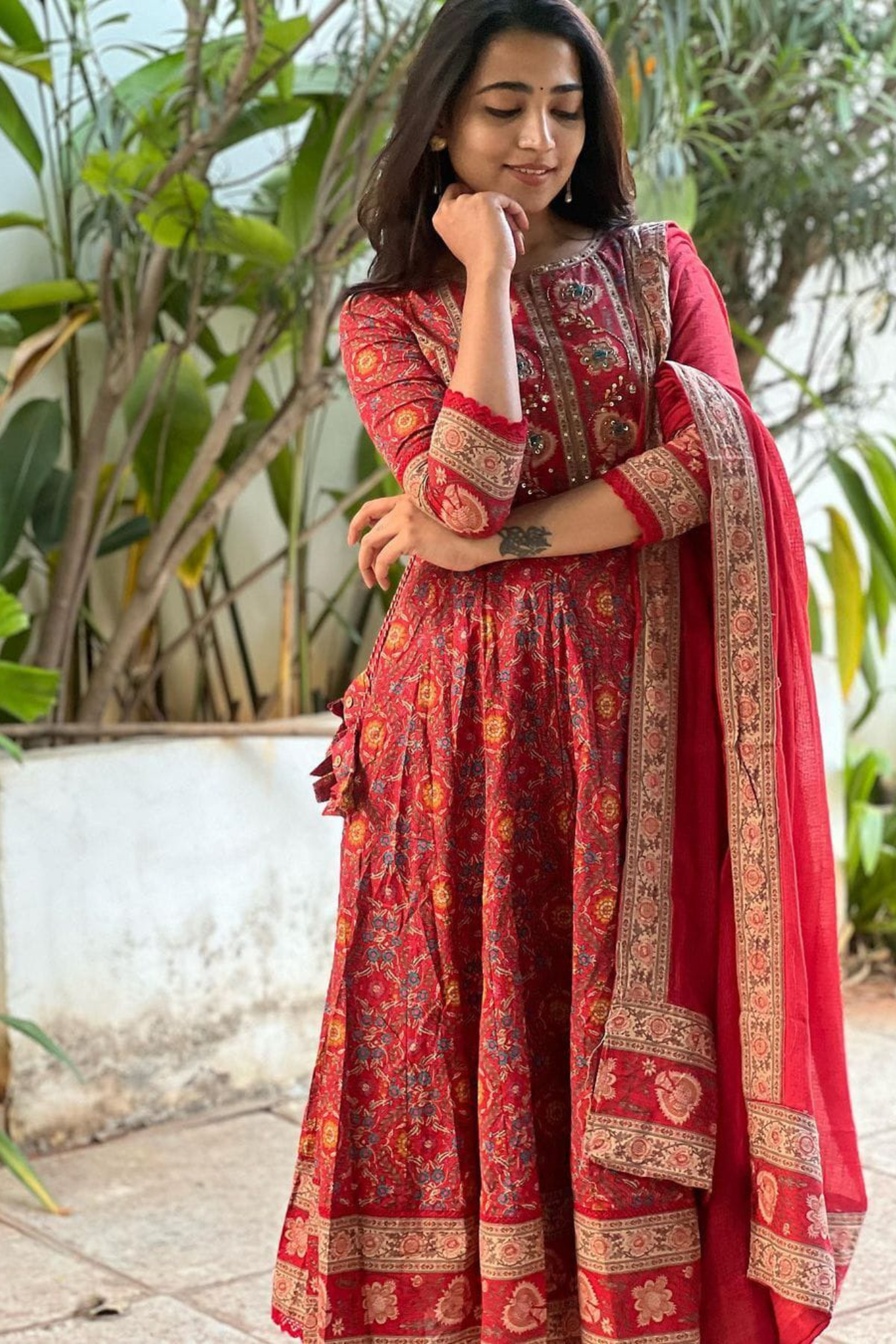 Red Floral Printed Hand Worked Anarkali Pure Cotton Kurta with Trouser & Dupatta