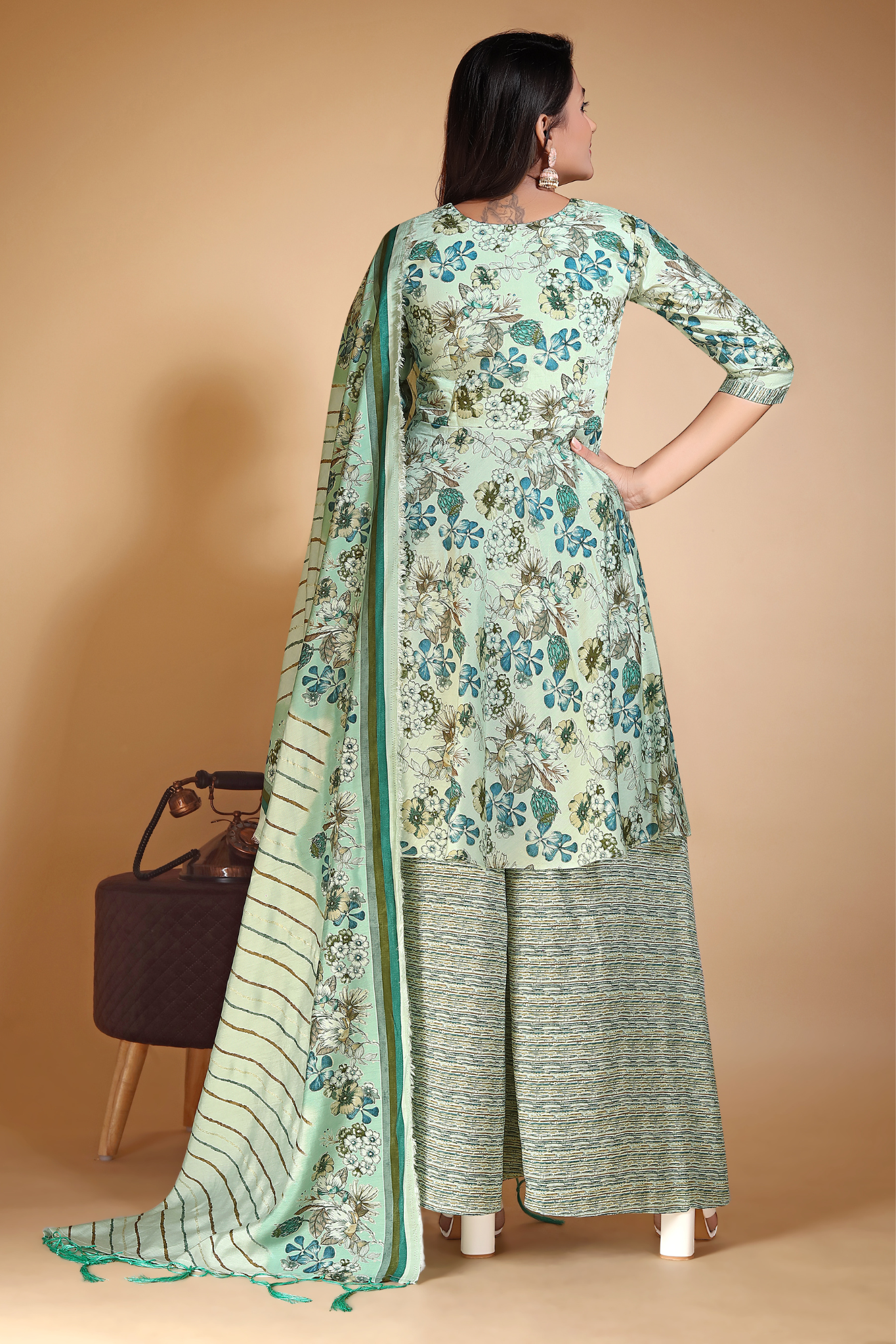 Floral Printed Anarkali Chanderi Cotton Kurta & Palazzos With Dupatta Suit