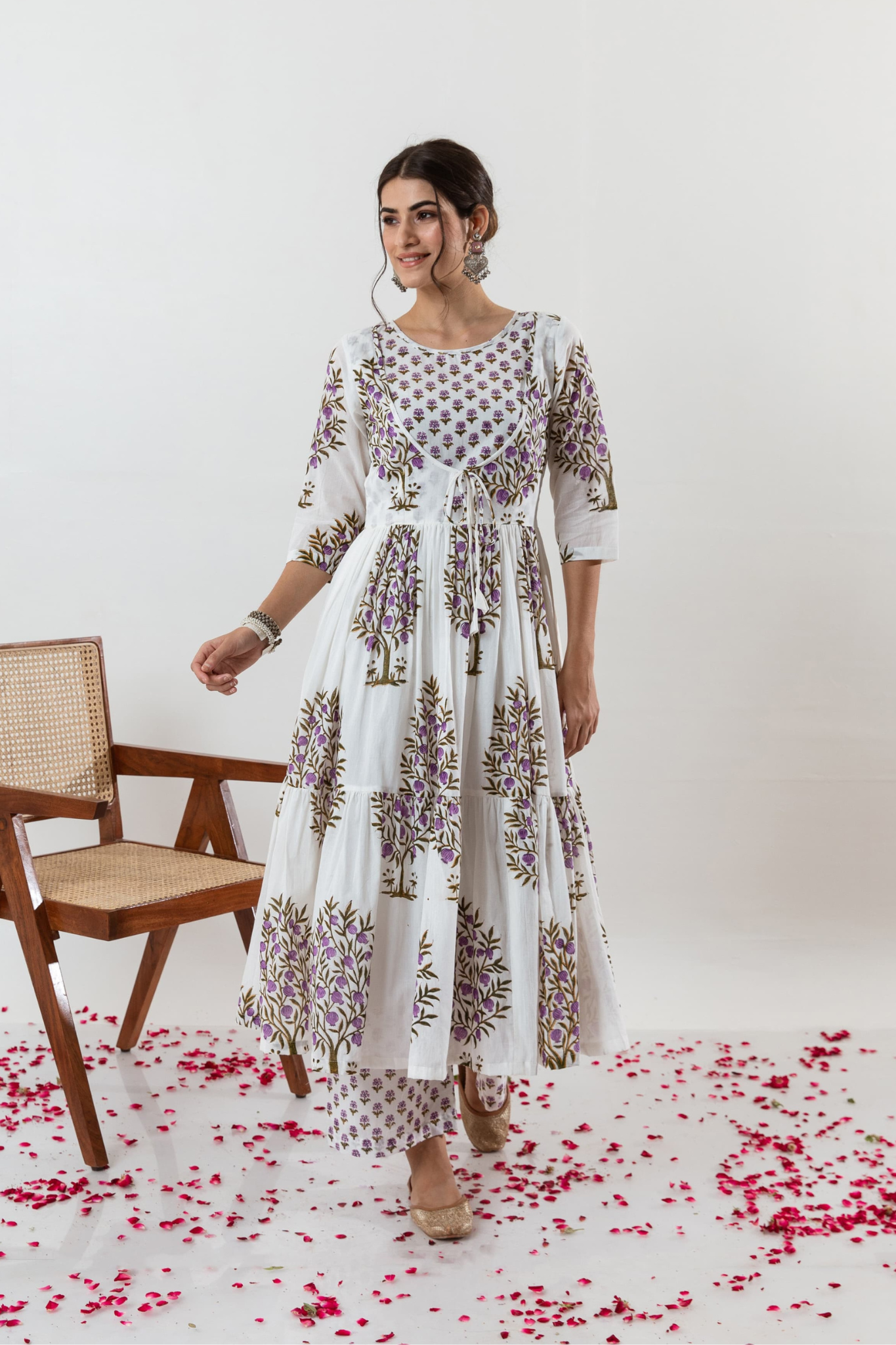 Graceful Block Printed Pure Cotton Anarkali Kurta with Palazzo & Dupatta Set