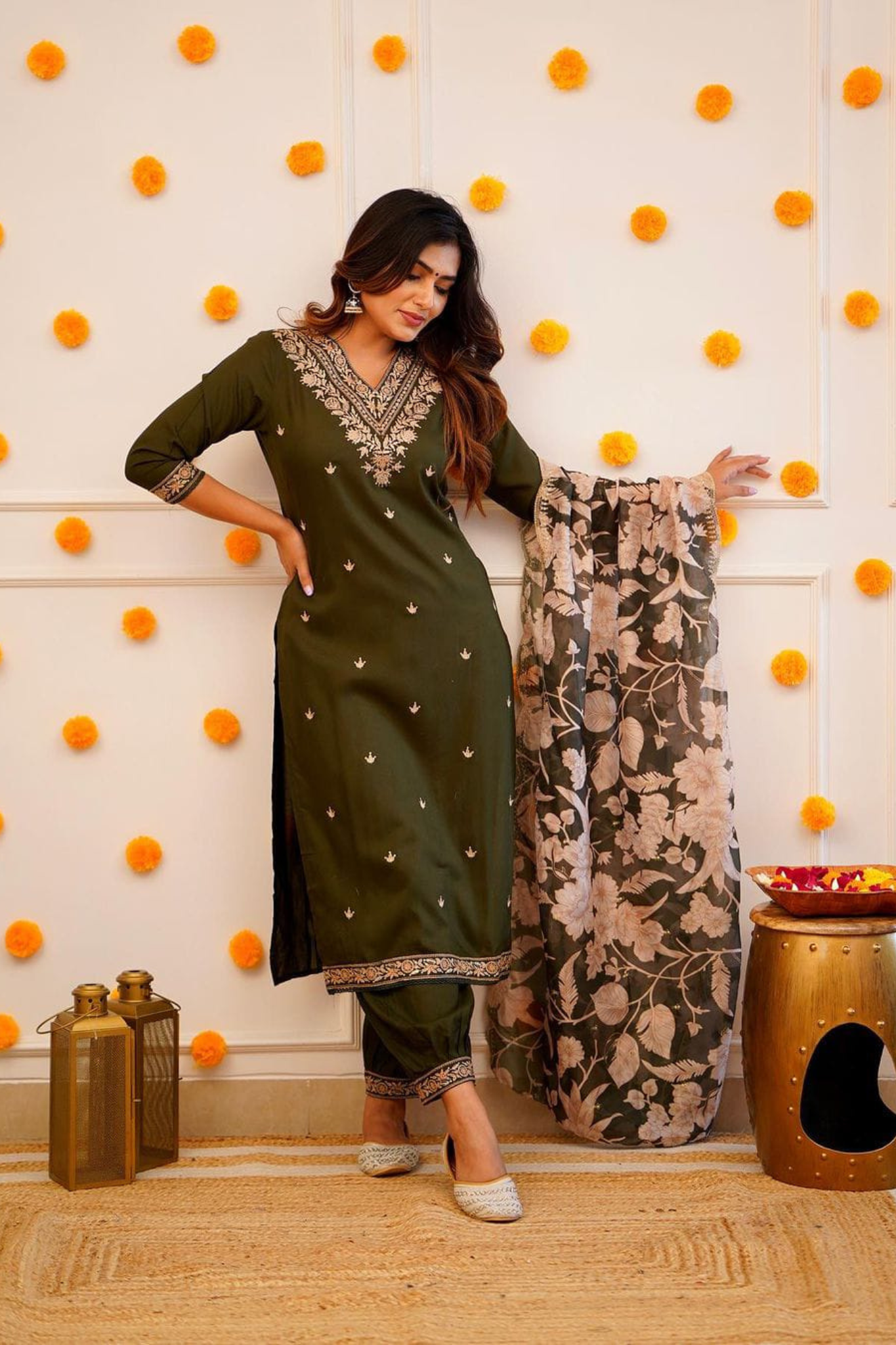 Intricate Mehandi Green Colored Embroidered Worked Kurta with Trouser and Organza Dupatta