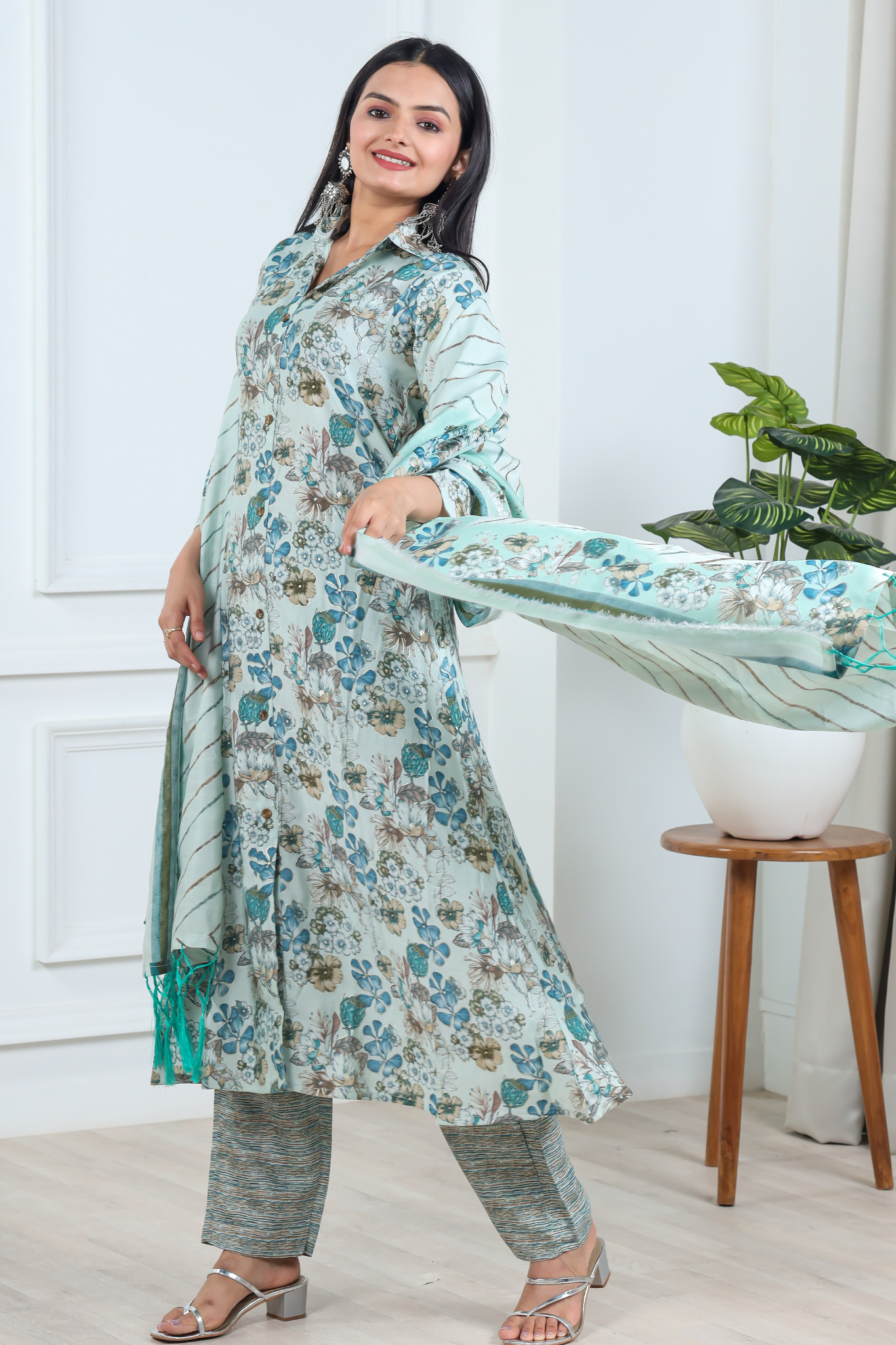 Floral Printed Chanderi Cotton Kurta With Pant & Dupatta