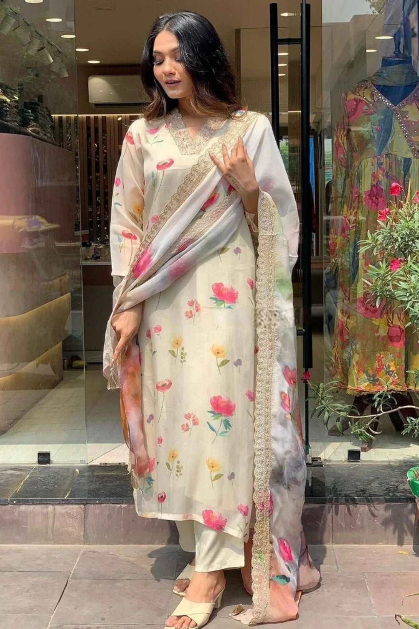 Floral Printed Embroidered Handwork Organza Kurta with Pant & Dupatta Suit