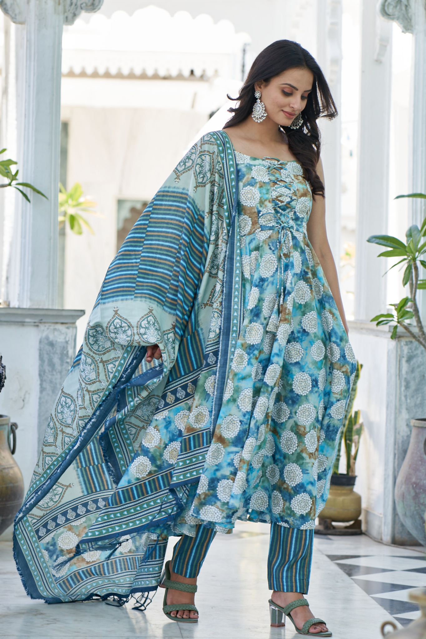 Floral Printed Chanderi Cotton Anarkali Kurta With Churidar & Dupatta