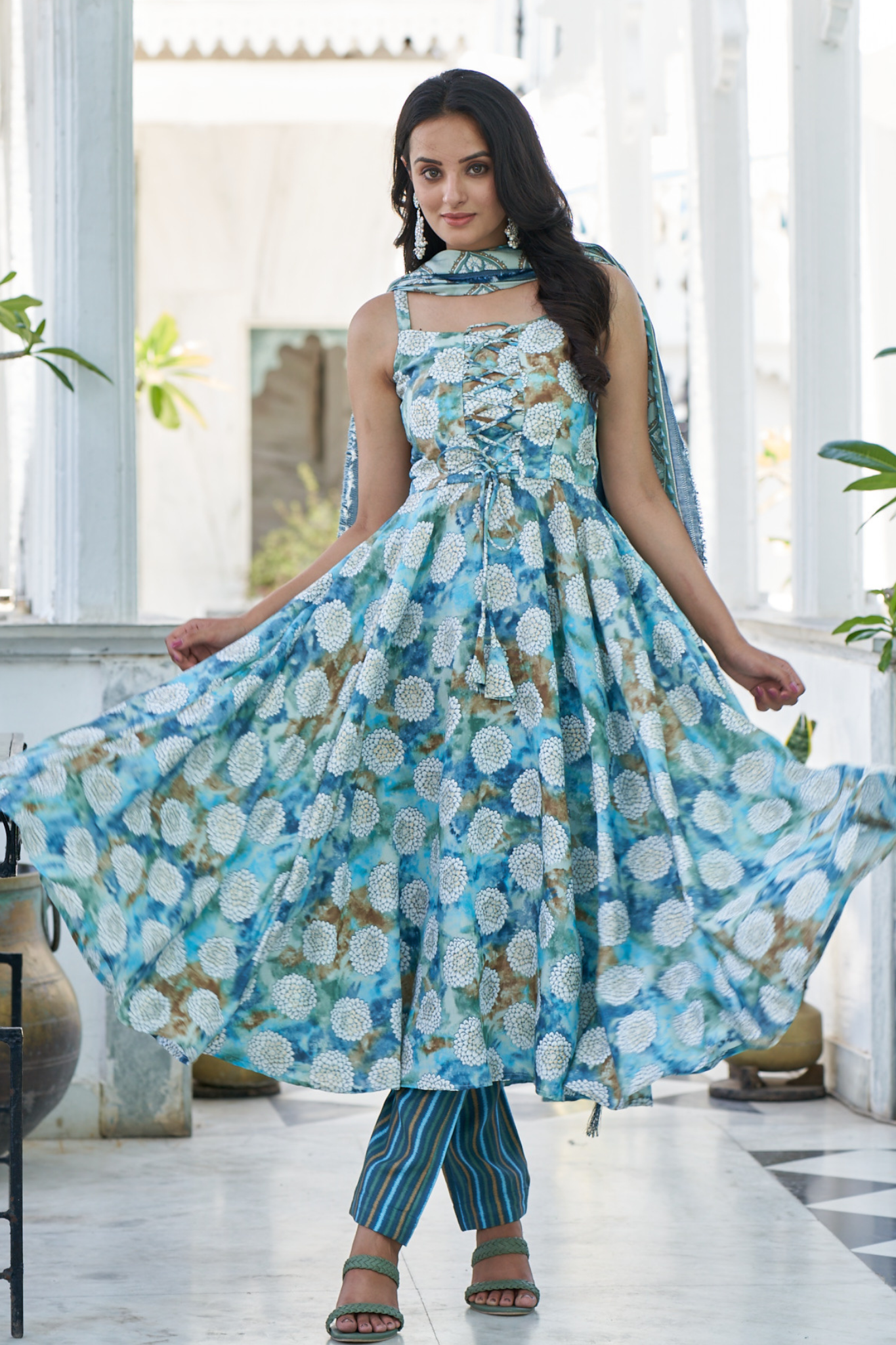 Floral Printed Chanderi Cotton Anarkali Kurta With Churidar & Dupatta