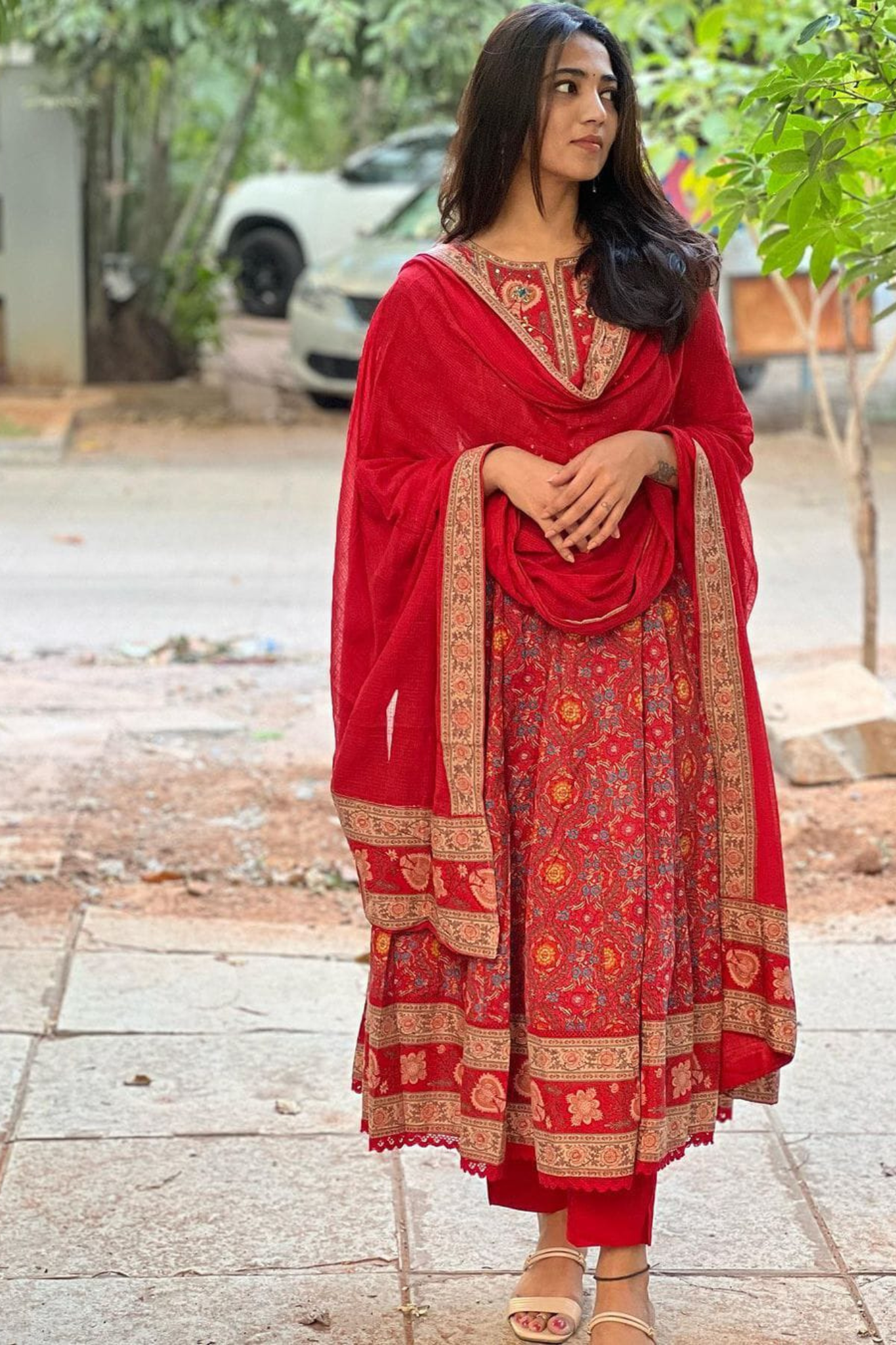 Red Floral Printed Hand Worked Anarkali Pure Cotton Kurta with Trouser & Dupatta