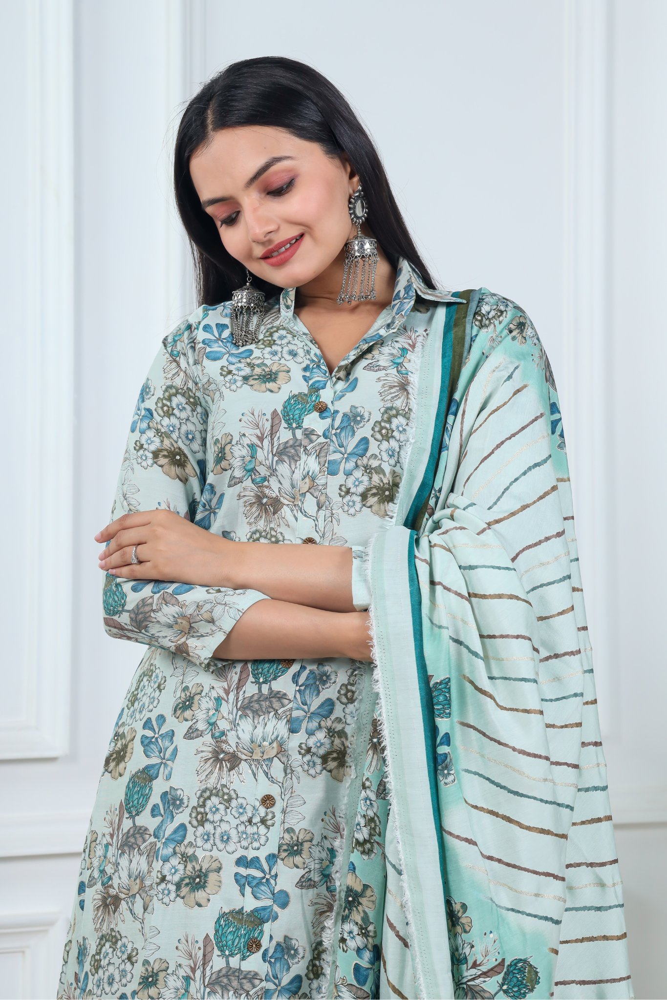 Floral Printed Chanderi Cotton Kurta With Pant & Dupatta