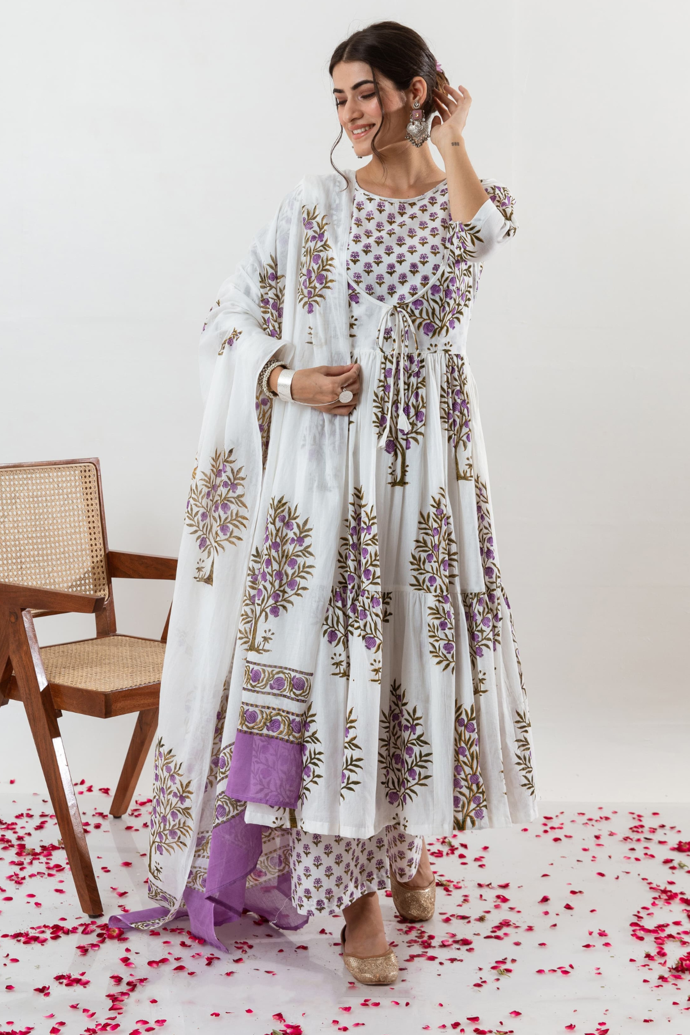 Graceful Block Printed Pure Cotton Anarkali Kurta with Palazzo & Dupatta Set