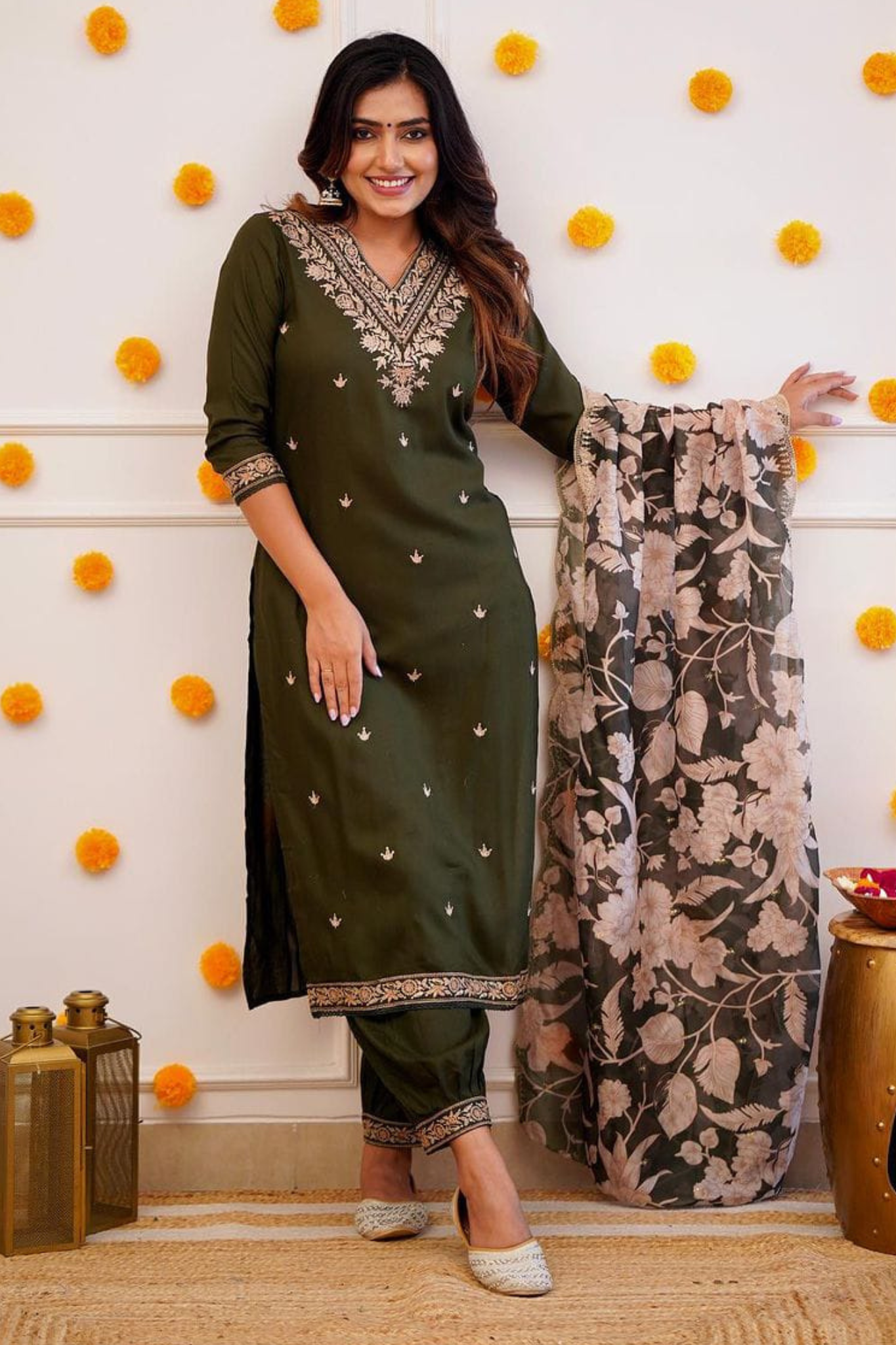 Intricate Mehandi Green Colored Embroidered Worked Kurta with Trouser and Organza Dupatta